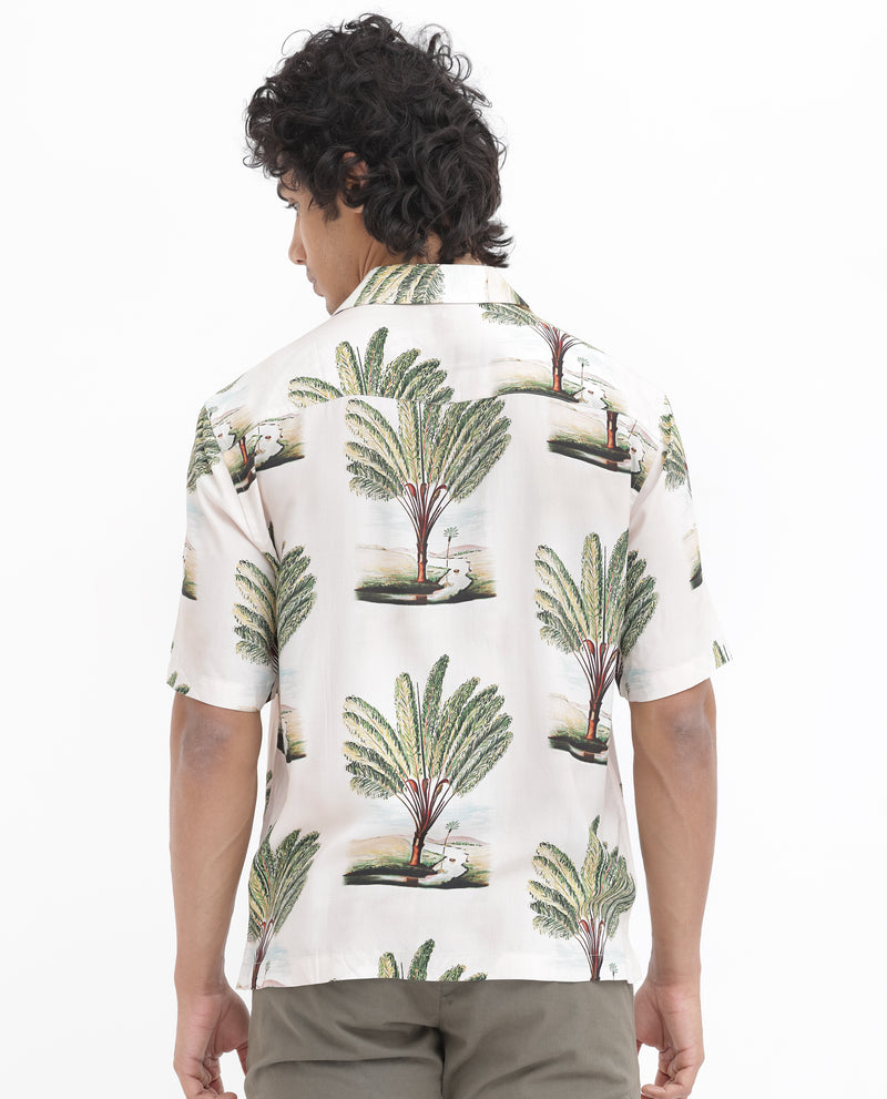 Rare Rabbit Men's Palamo Beige Viscose Fabric Cuban Collar Half Sleeves Boxy Fit Tropical Print Shirt