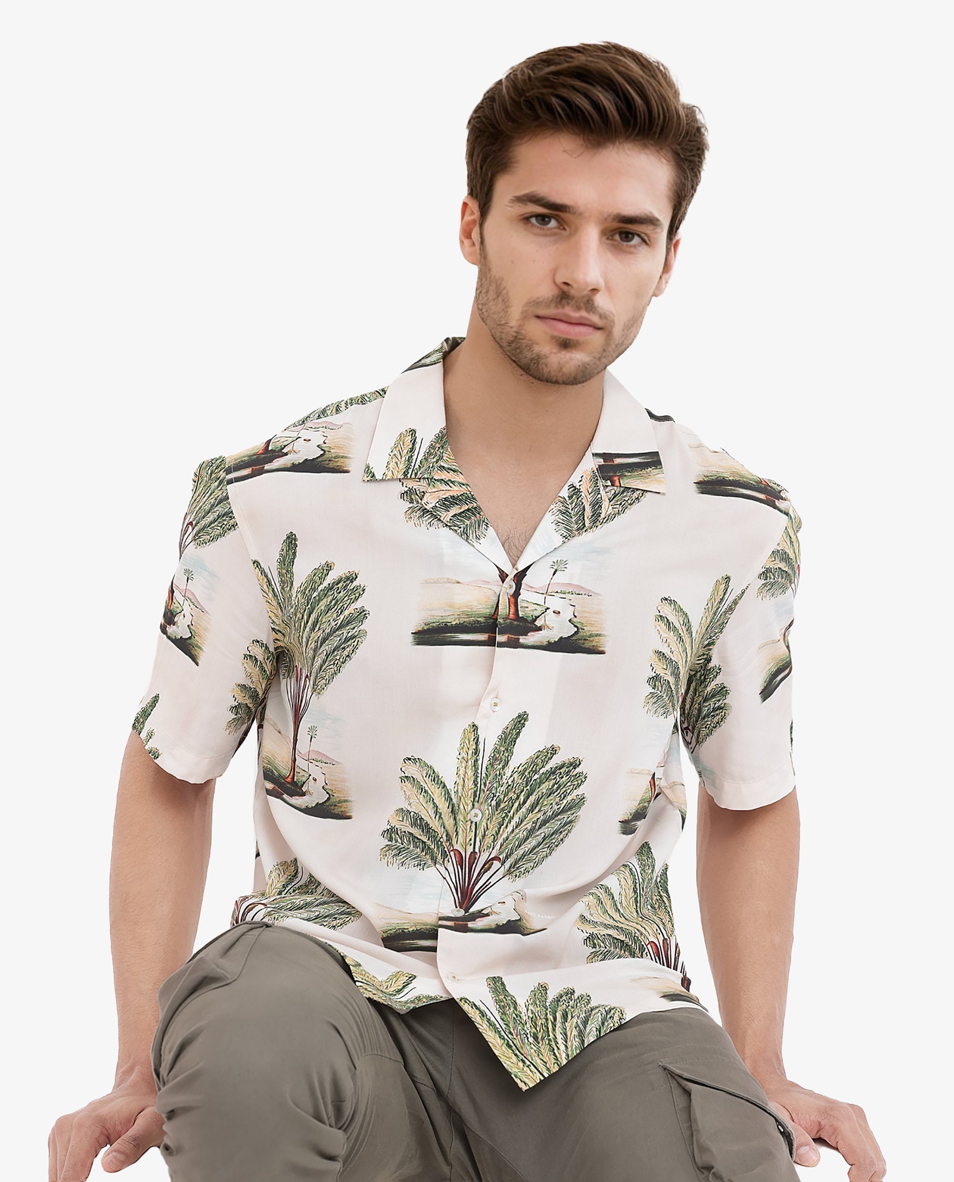 Rare Rabbit Men's Palamo Beige Viscose Fabric Cuban Collar Half Sleeves Boxy Fit Tropical Print Shirt