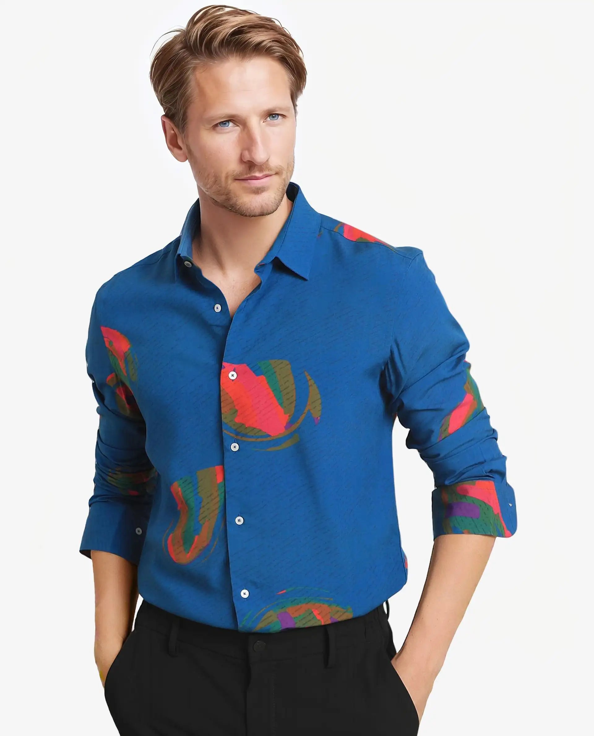 Rare Rabbit Men's Palme Blue Viscose Fabric Abstract Print Full Sleeves Shirt