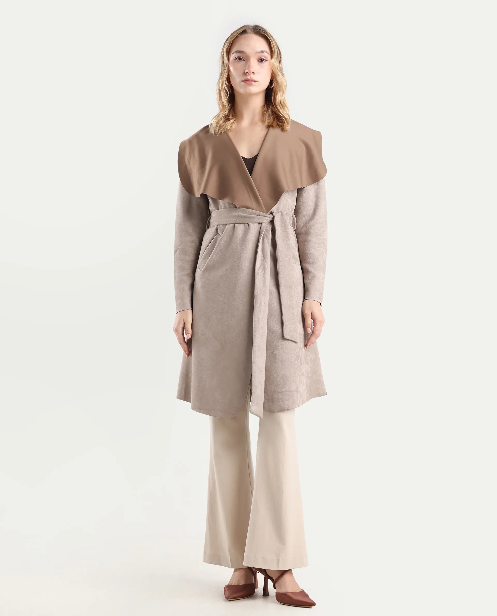 Rareism Women's Palmer-25 Off White Polyester Blend Fabric Lapel Neck Regular Fit Coat