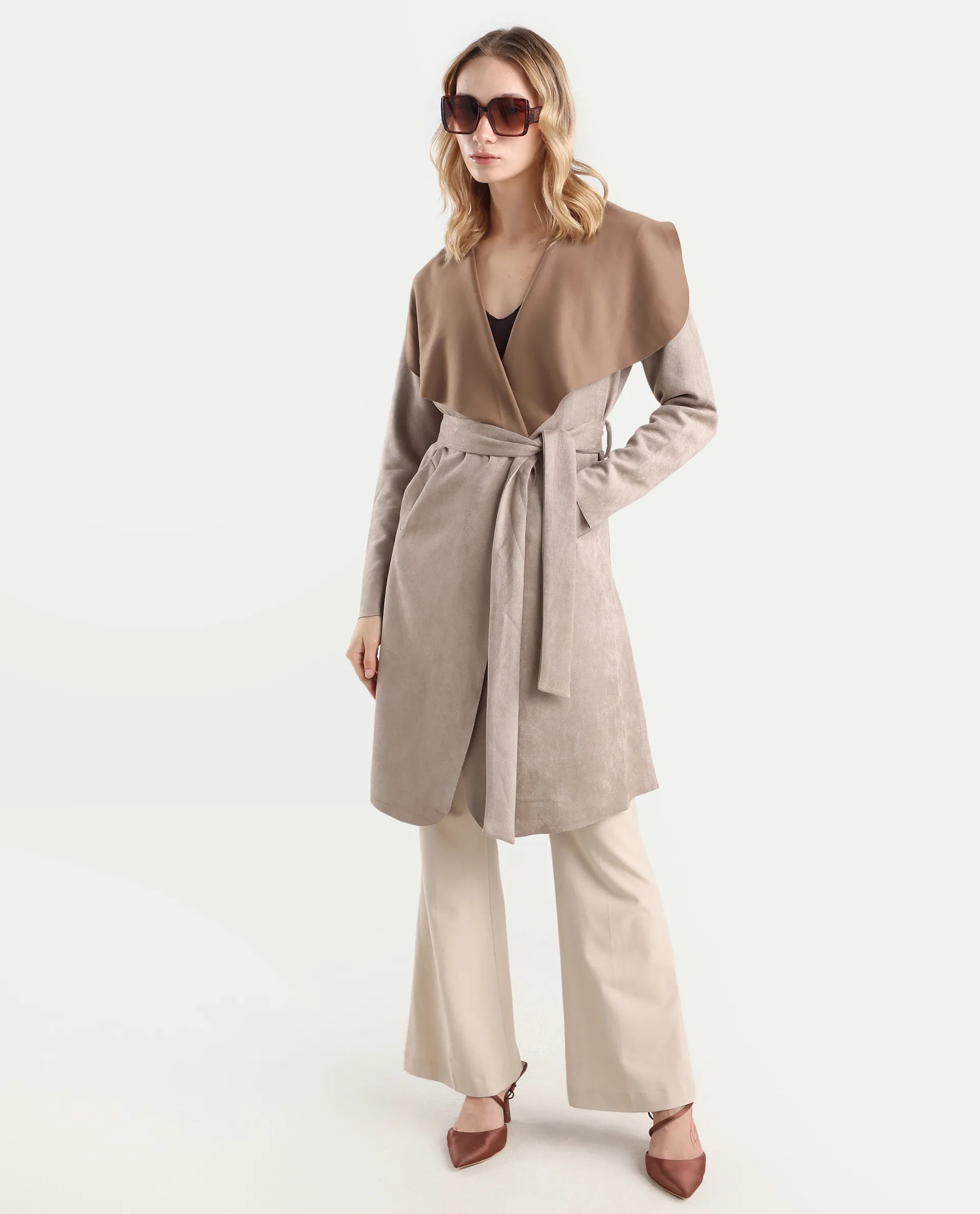 Rareism Women's Palmer-25 Off White Polyester Blend Fabric Lapel Neck Regular Fit Coat