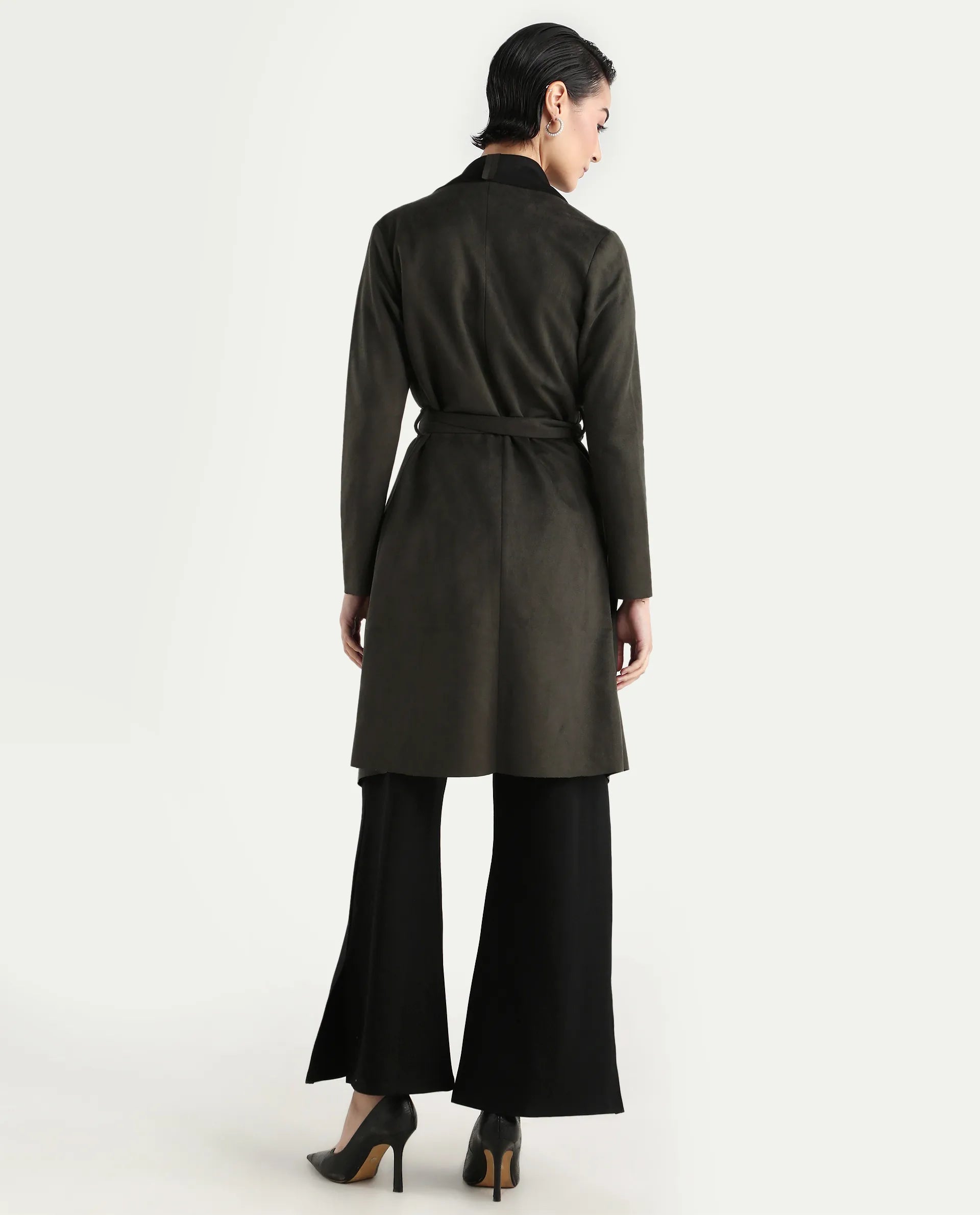 Rareism Women's Palmer 2 Olive Suede Waterfall Neck Plain Midi Boxy Fit Jacket