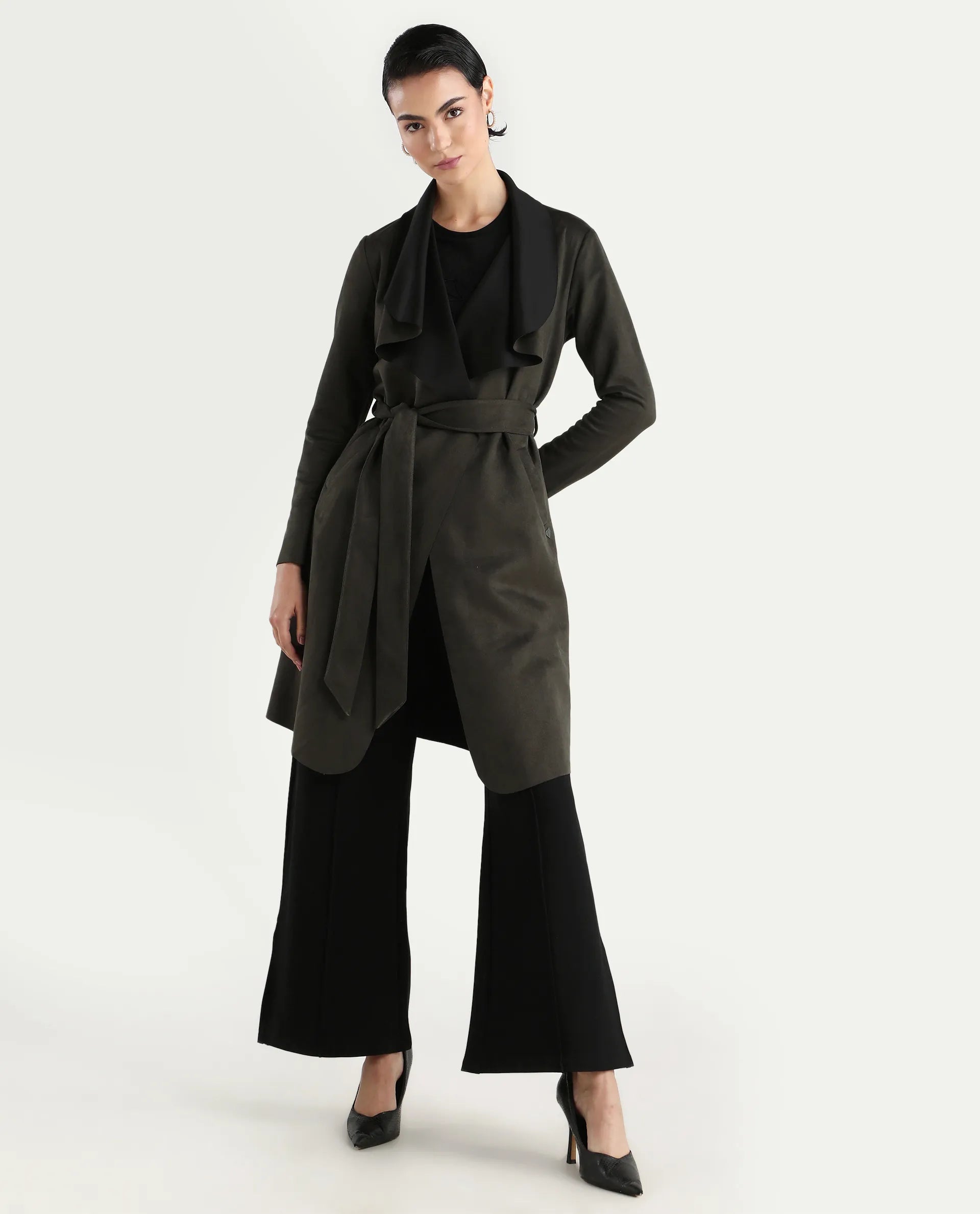 Rareism Women's Palmer 2 Olive Suede Waterfall Neck Plain Midi Boxy Fit Jacket