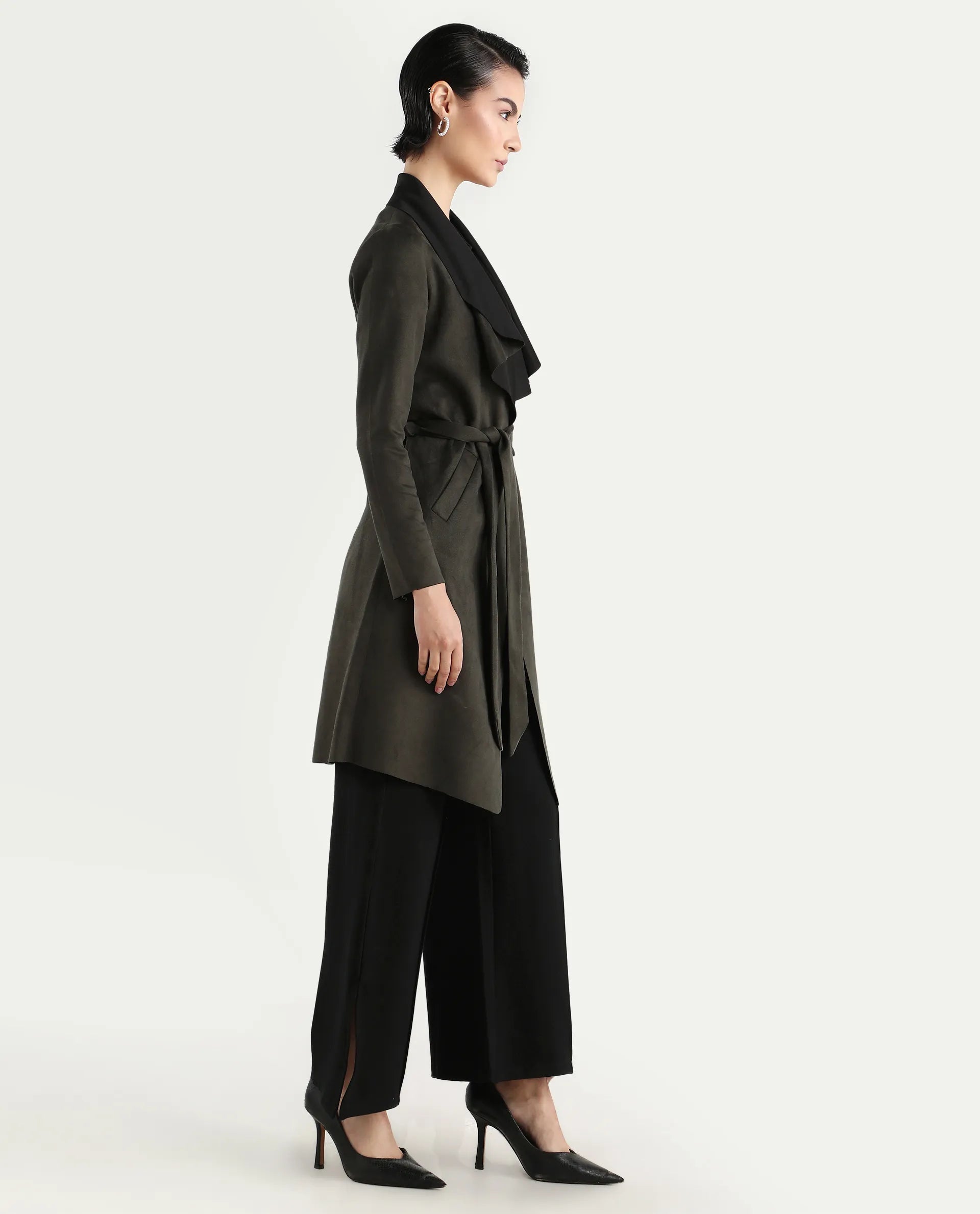 Rareism Women's Palmer 2 Olive Suede Waterfall Neck Plain Midi Boxy Fit Jacket