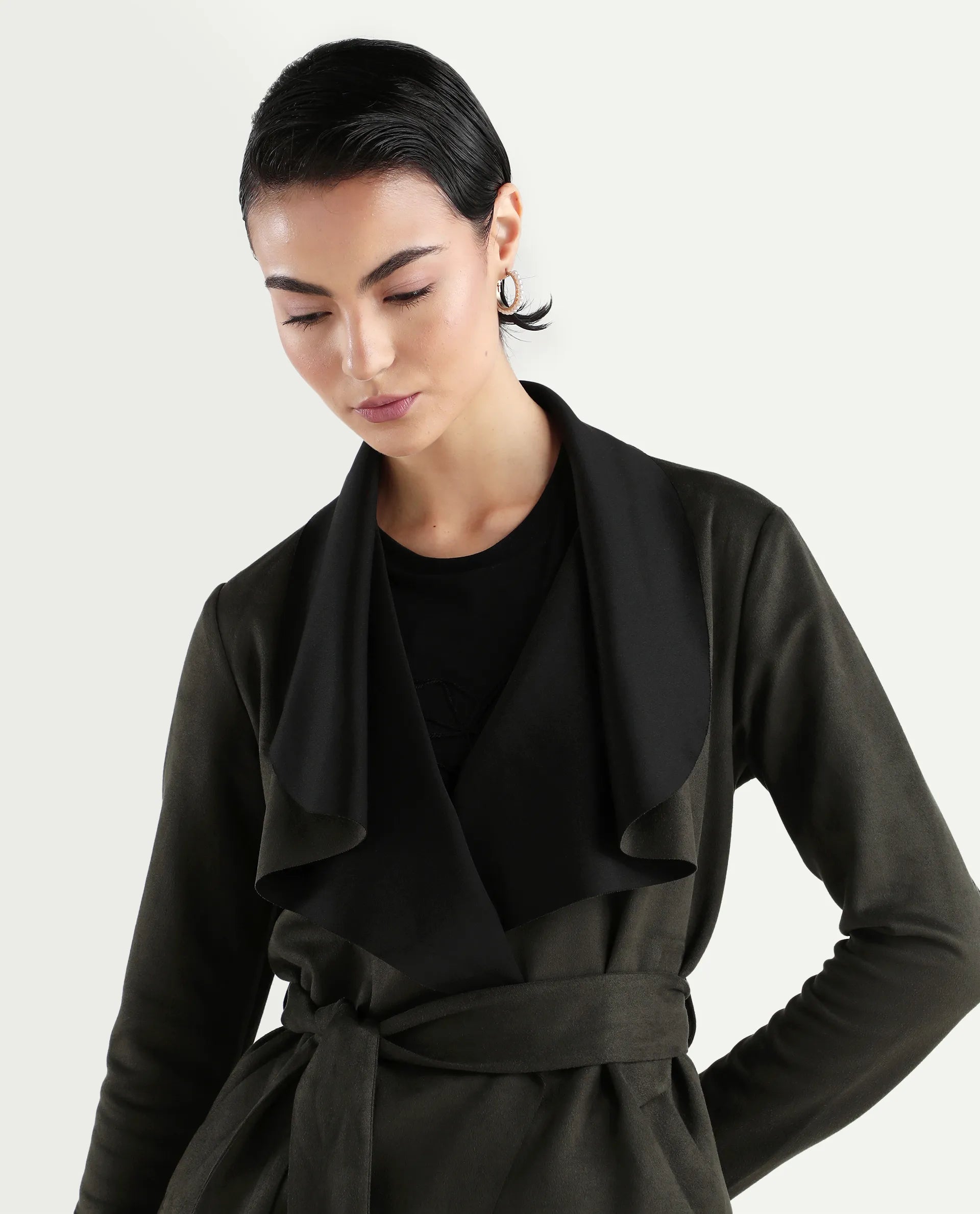 Rareism Women's Palmer 2 Olive Suede Waterfall Neck Plain Midi Boxy Fit Jacket