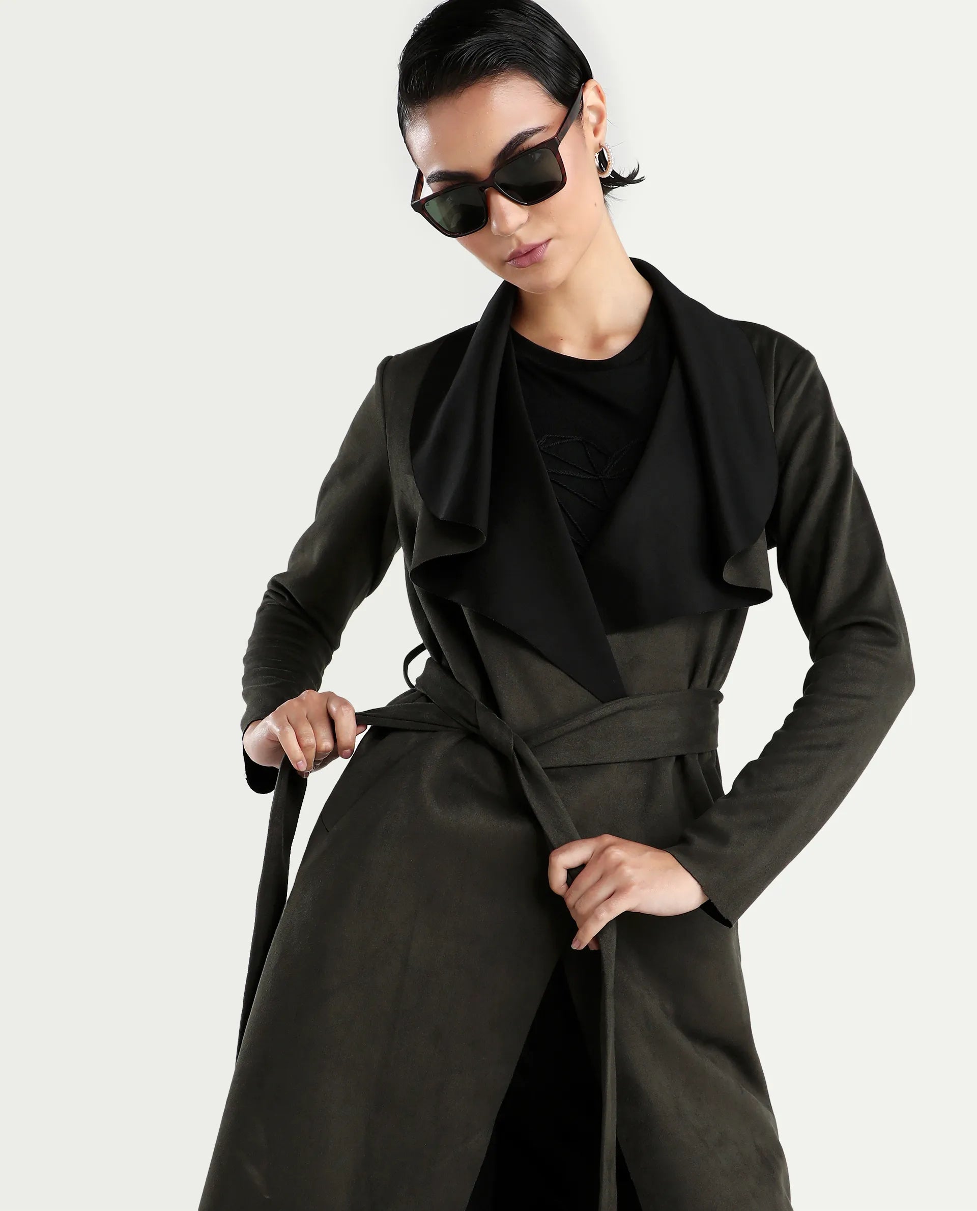 Rareism Women's Palmer 2 Olive Suede Waterfall Neck Plain Midi Boxy Fit Jacket