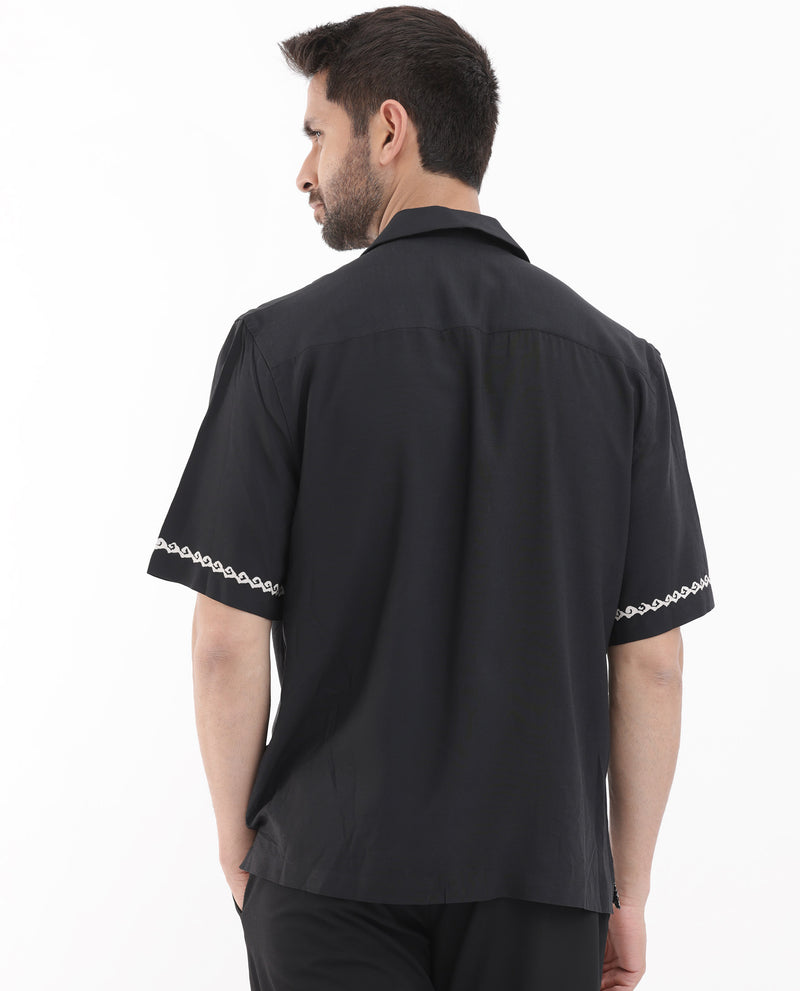 Rare Rabbit Men's Palms Black Viscose Fabric Cuban Collar Half Sleeves Placement Tropical Print Bowler Shirt