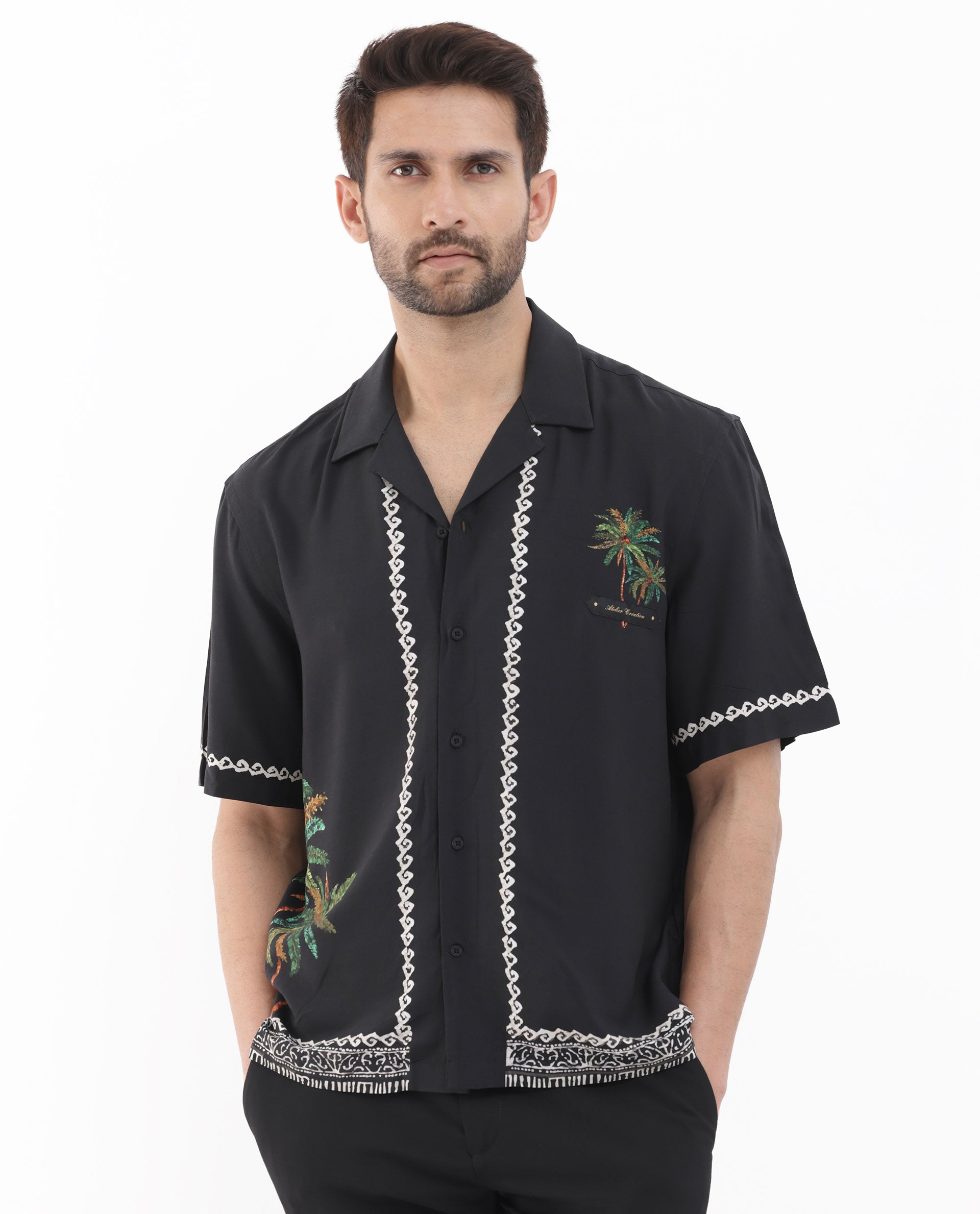 Rare Rabbit Men's Palms Black Viscose Fabric Cuban Collar Half Sleeves Boxy Fit Placement Tropical Print Bowler Shirt