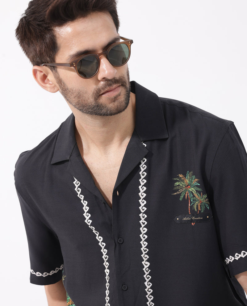 Rare Rabbit Men's Palms Black Viscose Fabric Cuban Collar Half Sleeves Placement Tropical Print Bowler Shirt