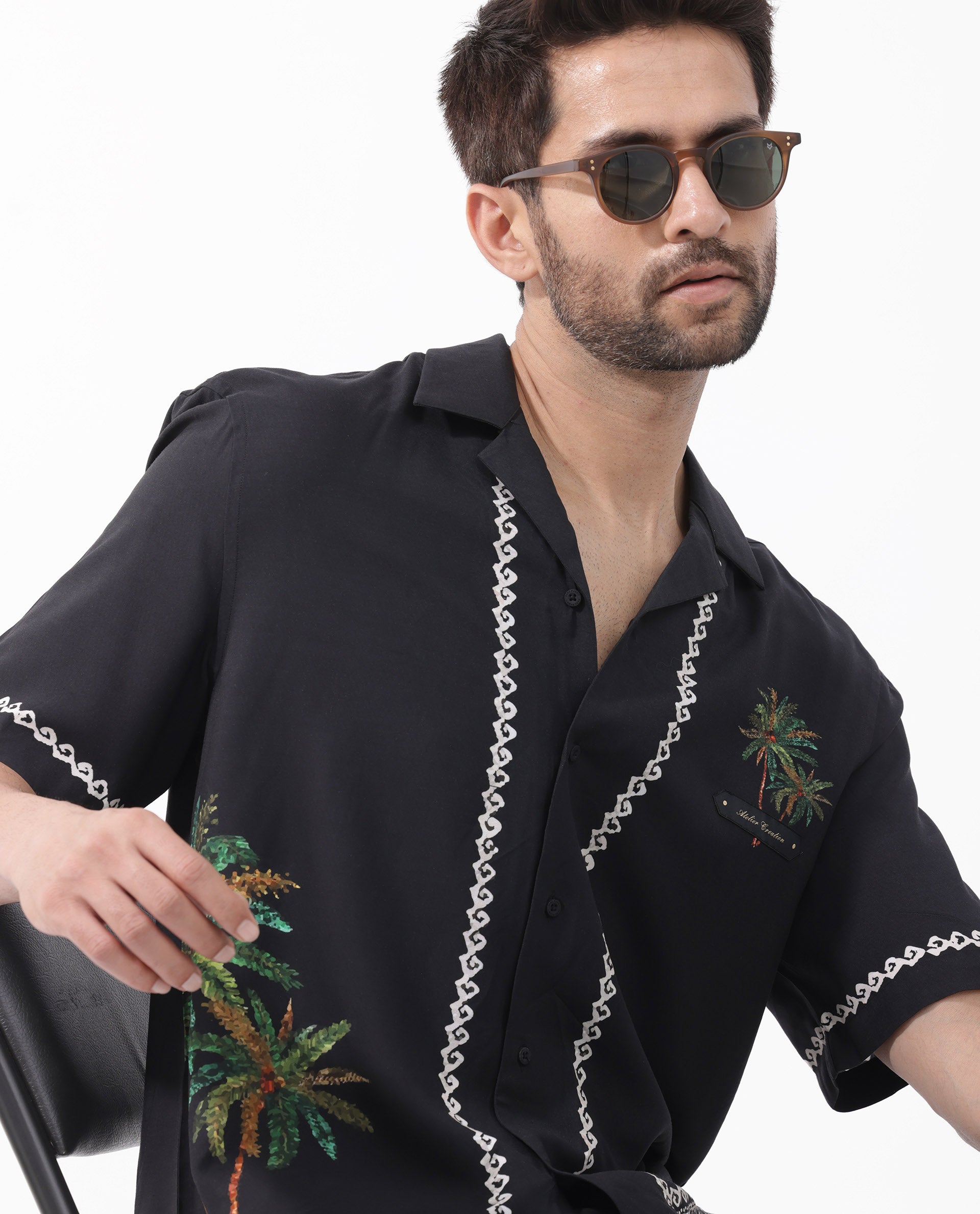 Rare Rabbit Men's Palms Black Viscose Fabric Cuban Collar Half Sleeves Boxy Fit Placement Tropical Print Bowler Shirt
