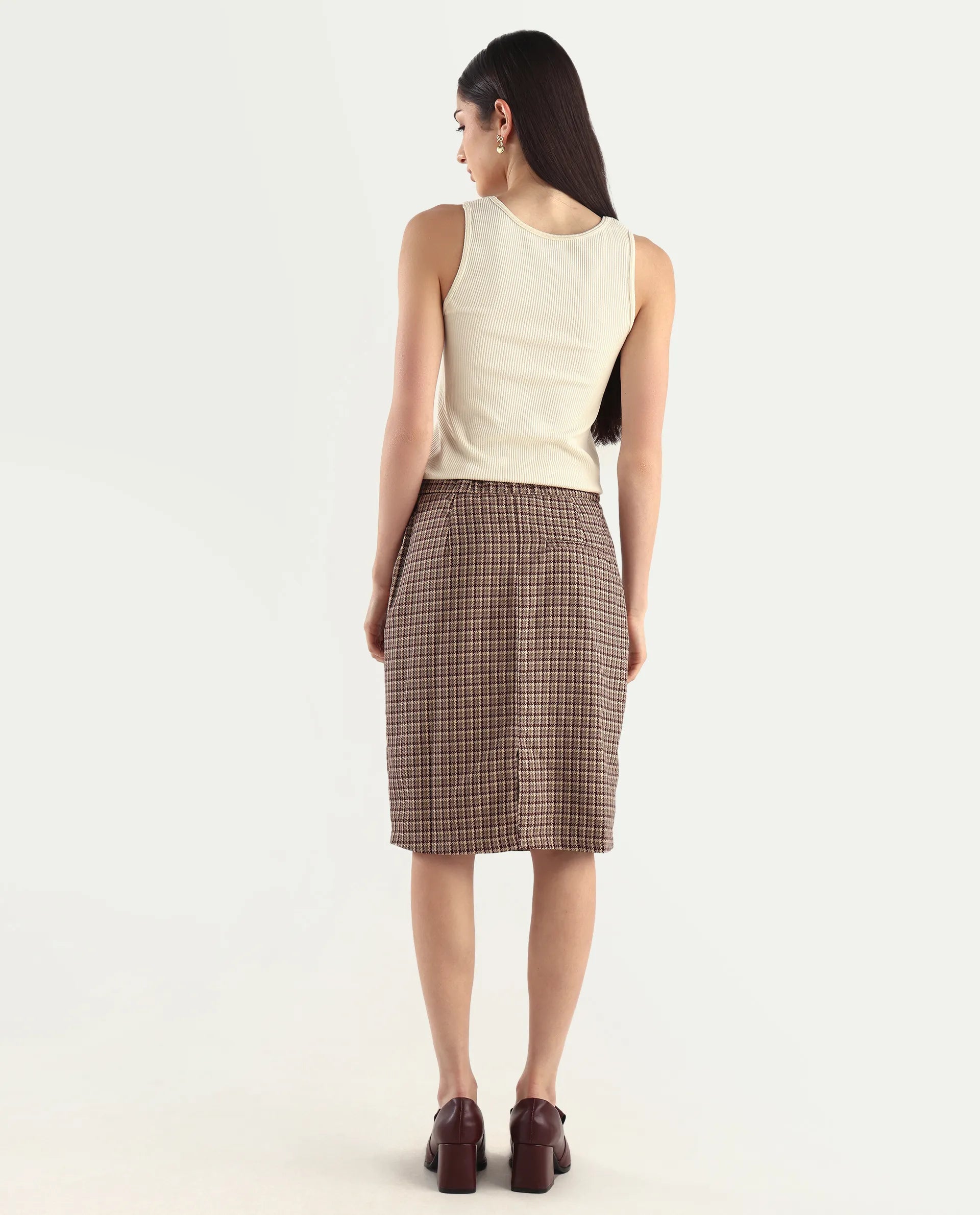 Rareism Women's Paltiu Brown Cotton Blend Checked Mini Regular Fit Skirt