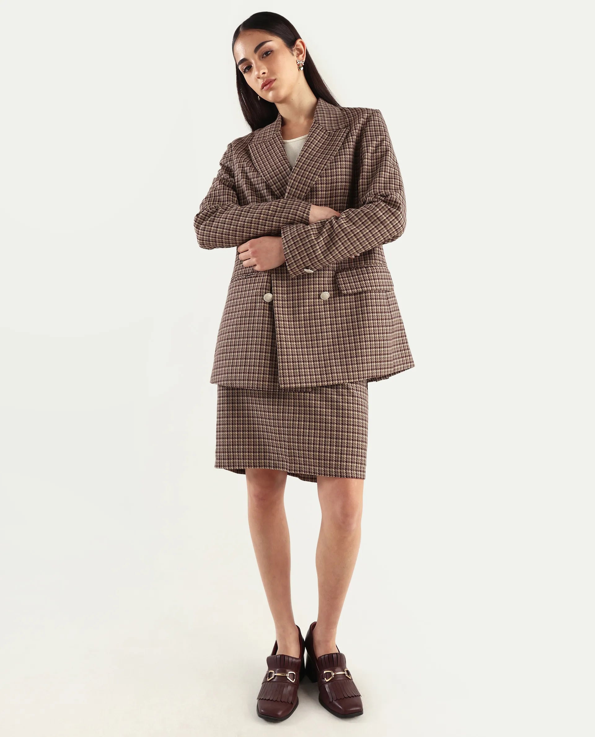 Rareism Women's Paltiu Brown Cotton Blend Checked Mini Regular Fit Skirt