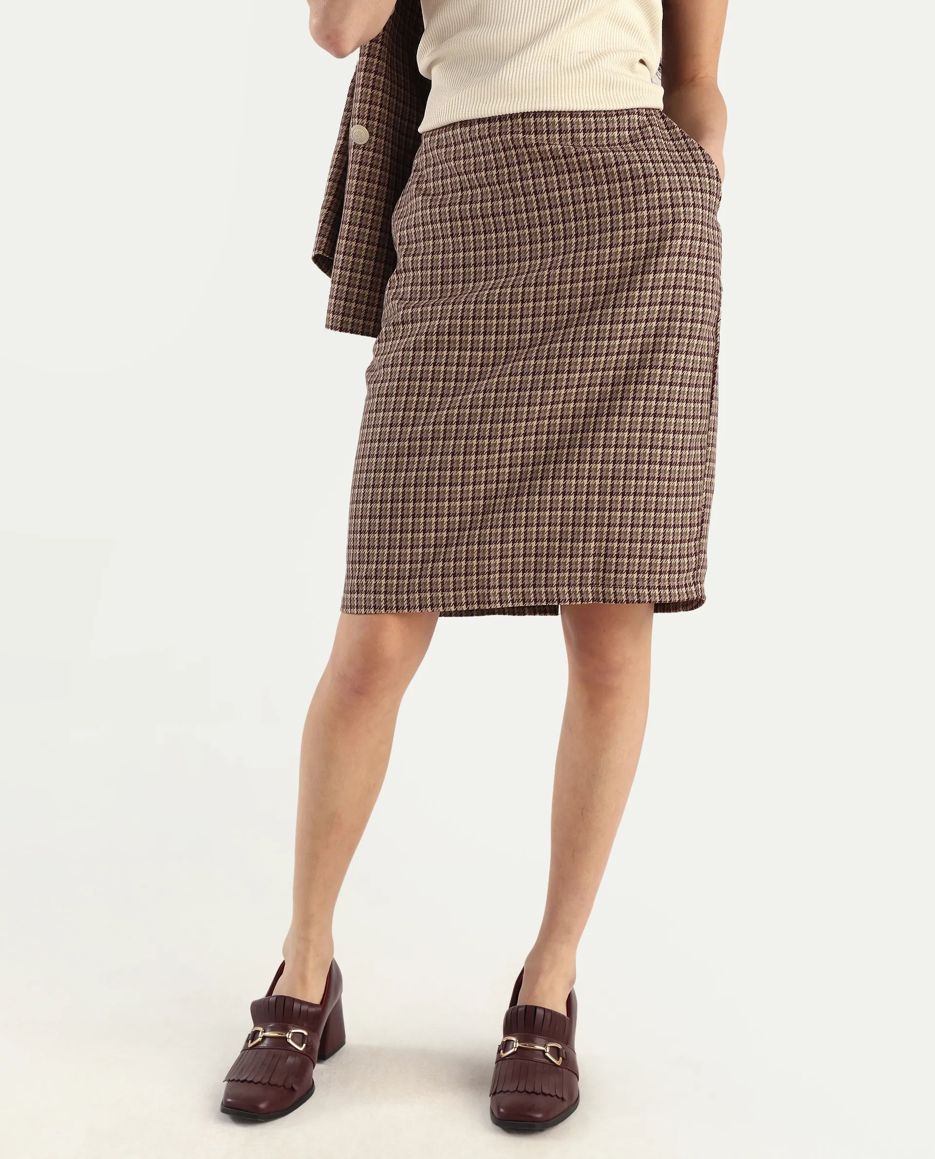 Rareism Women's Paltiu Brown Cotton Blend Checked Mini Regular Fit Skirt
