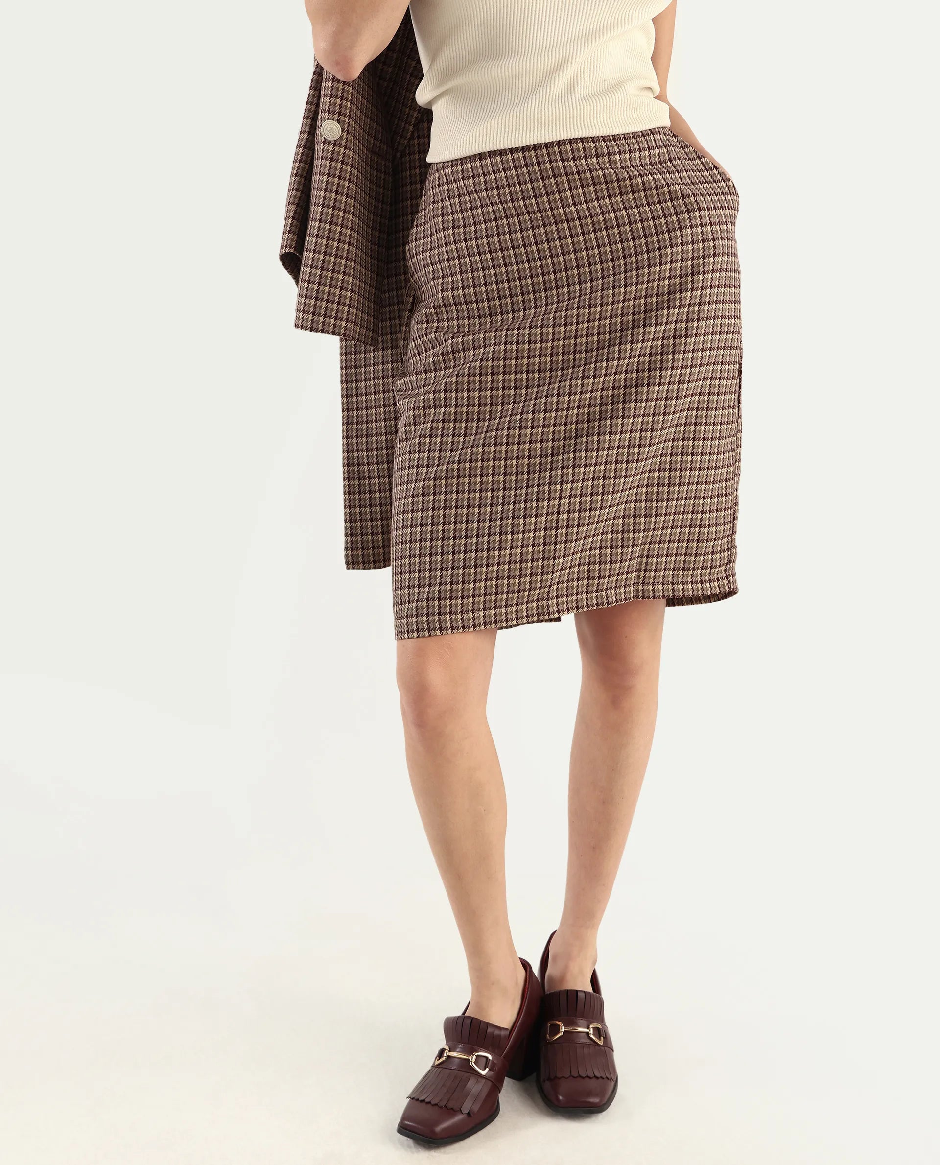Rareism Women's Paltiu Brown Cotton Blend Checked Mini Regular Fit Skirt