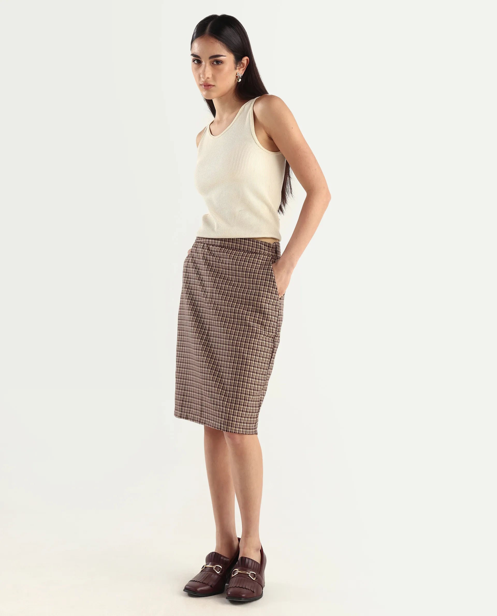 Rareism Women's Paltiu Brown Cotton Blend Checked Mini Regular Fit Skirt