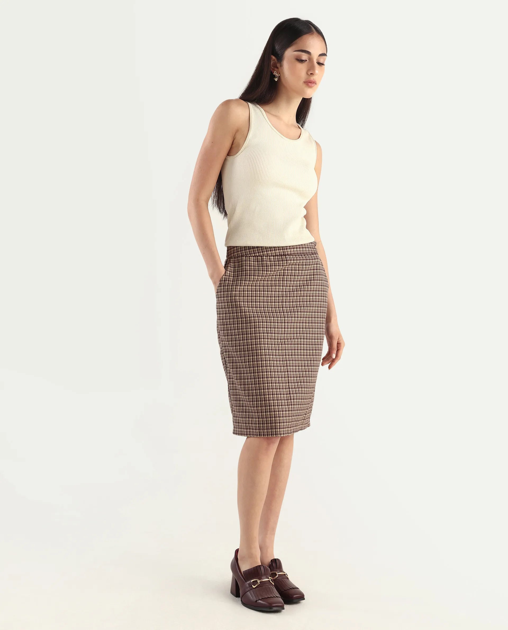 Rareism Women's Paltiu Brown Cotton Blend Checked Mini Regular Fit Skirt
