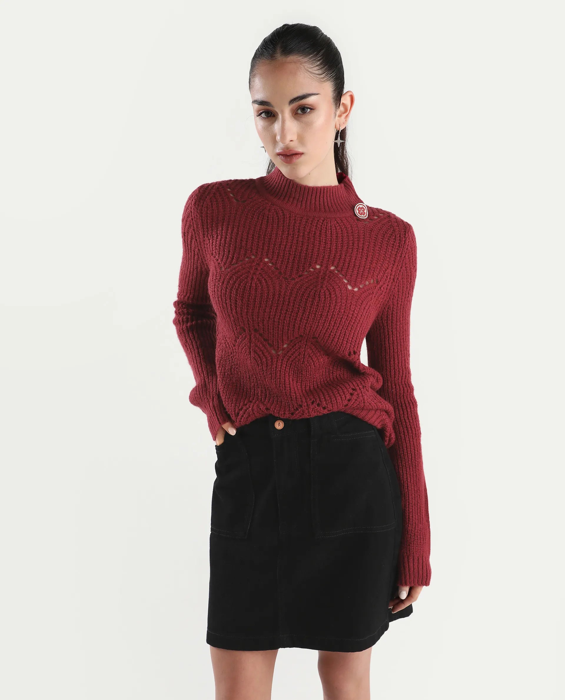 Rareism Women's Acrylic High Neck Plain Regular Fit Sweater