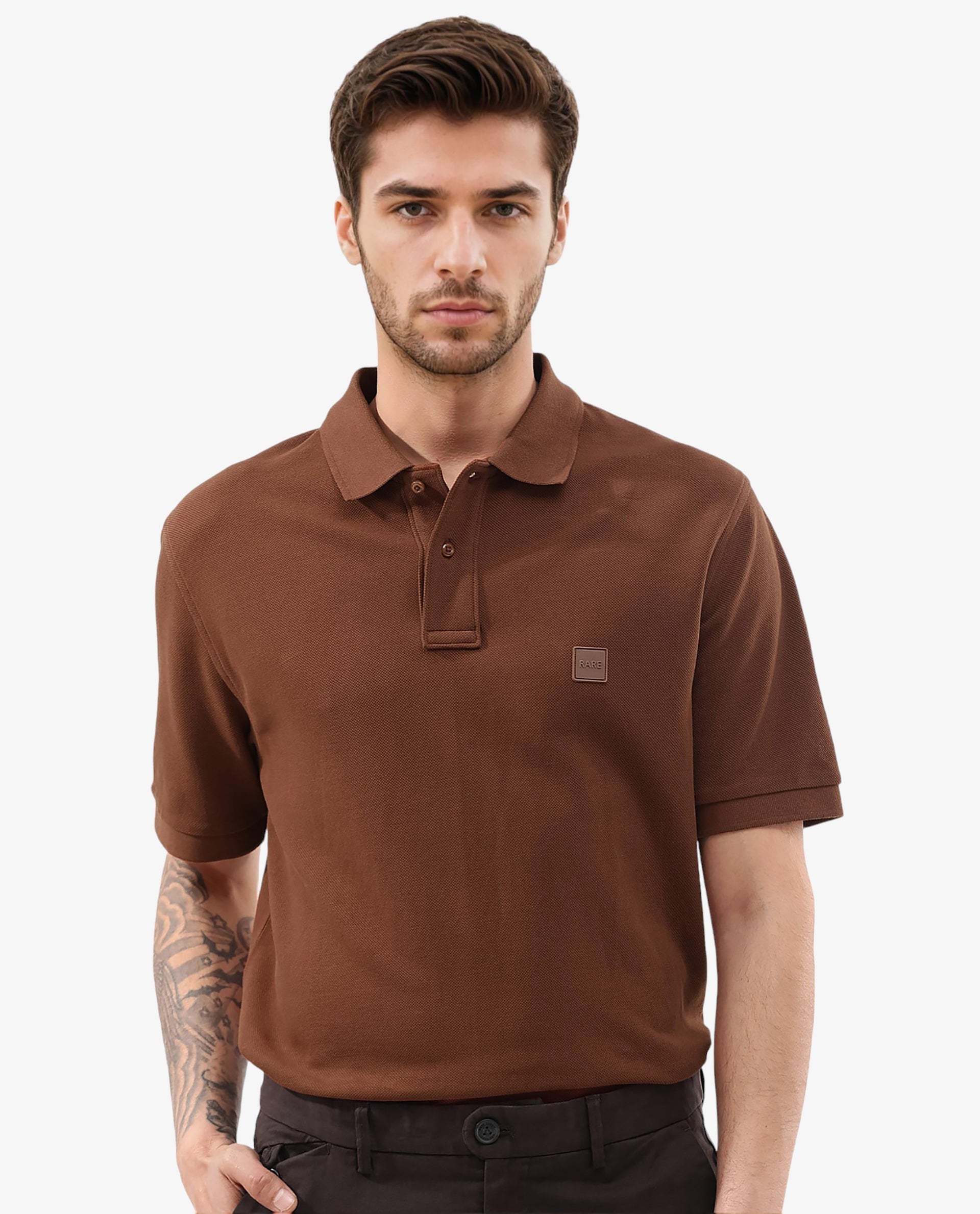 Rare Rabbit Mens Pare Dark Dark Rust Short Sleeve Solid Polo T-Shirt