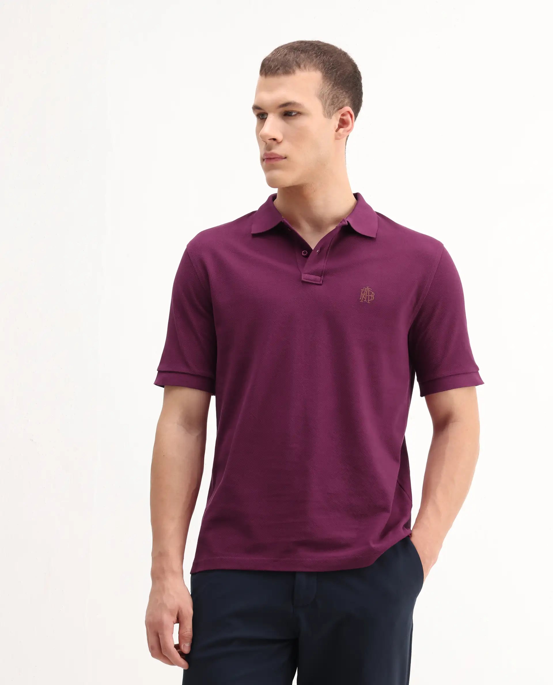 Rare Rabbit Men's Pare-1 Dark Purple Cotton Plain Regular Fit Half Sleeve Polo