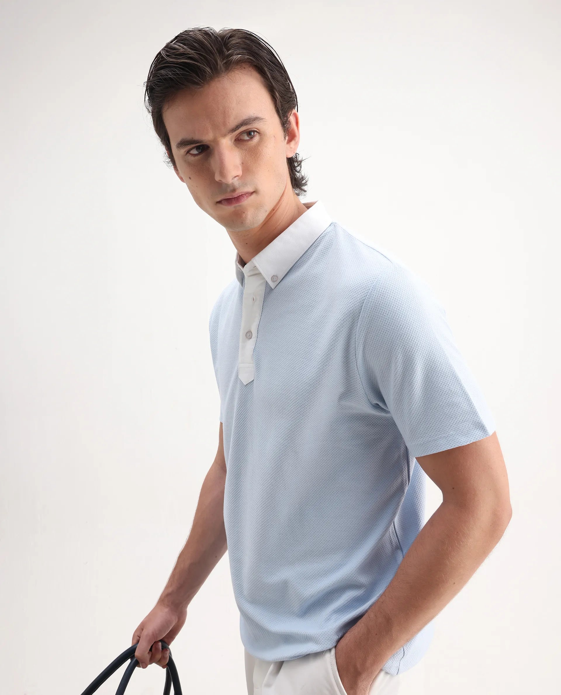 Rare Rabbit Men's Parma2 Pastel Blue Cotton Plain Regular Fit Half Sleeve Polo