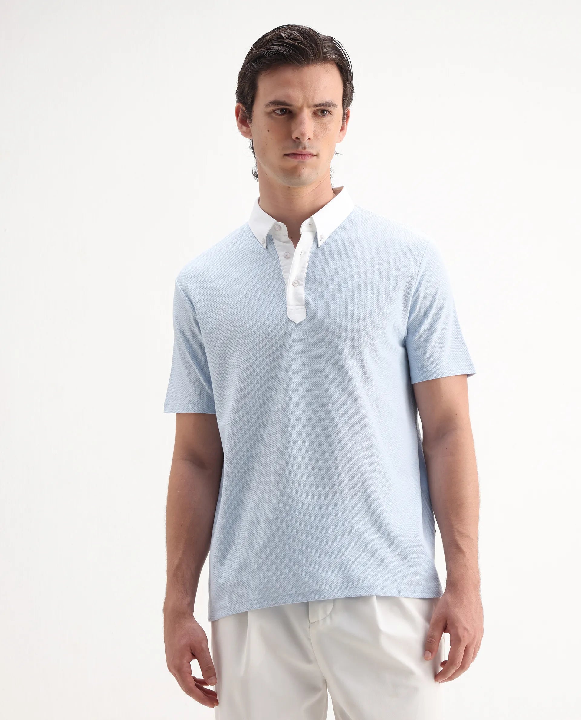 Rare Rabbit Men's Parma2 Pastel Blue Cotton Plain Regular Fit Half Sleeve Polo