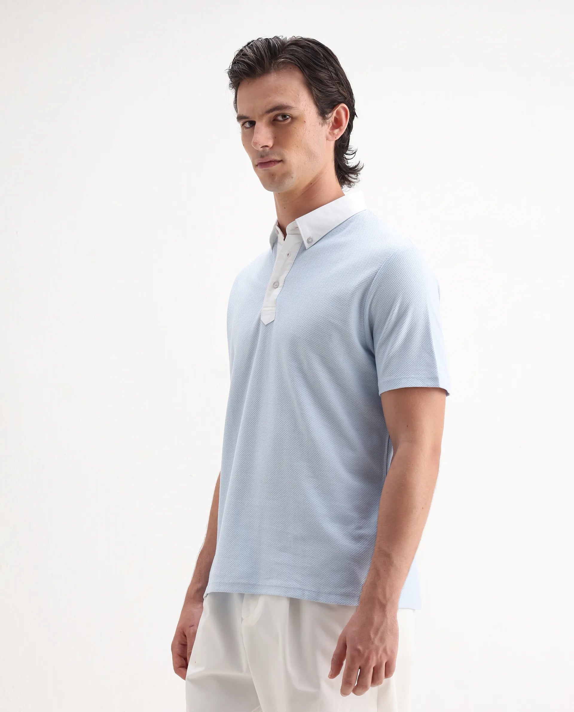 Rare Rabbit Men's Parma2 Pastel Blue Cotton Plain Regular Fit Half Sleeve Polo