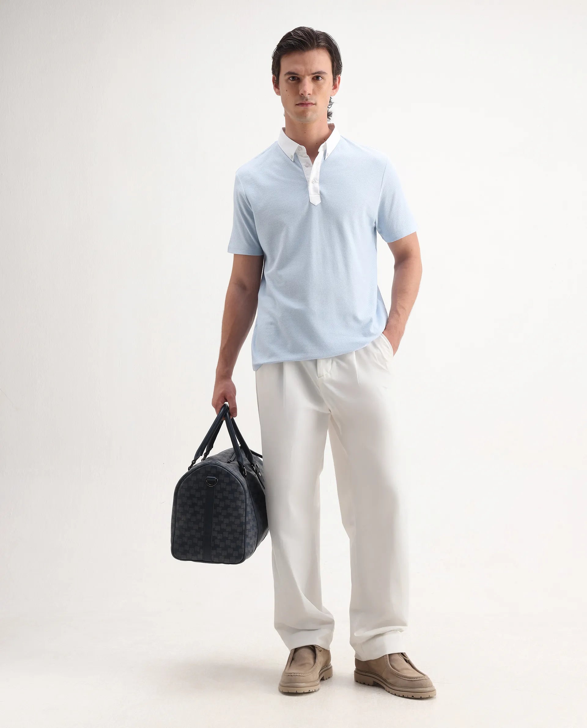 Rare Rabbit Men's Parma2 Pastel Blue Cotton Plain Regular Fit Half Sleeve Polo