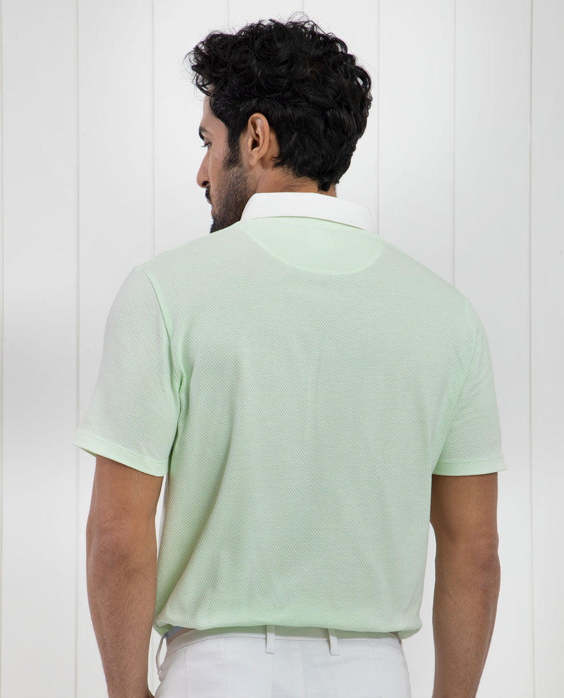 Rare Rabbit Men's Parmat Light Green Cotton Fabric Collared Neck Half Sleeves Woven Textured Popcorn Polo T-Shirt
