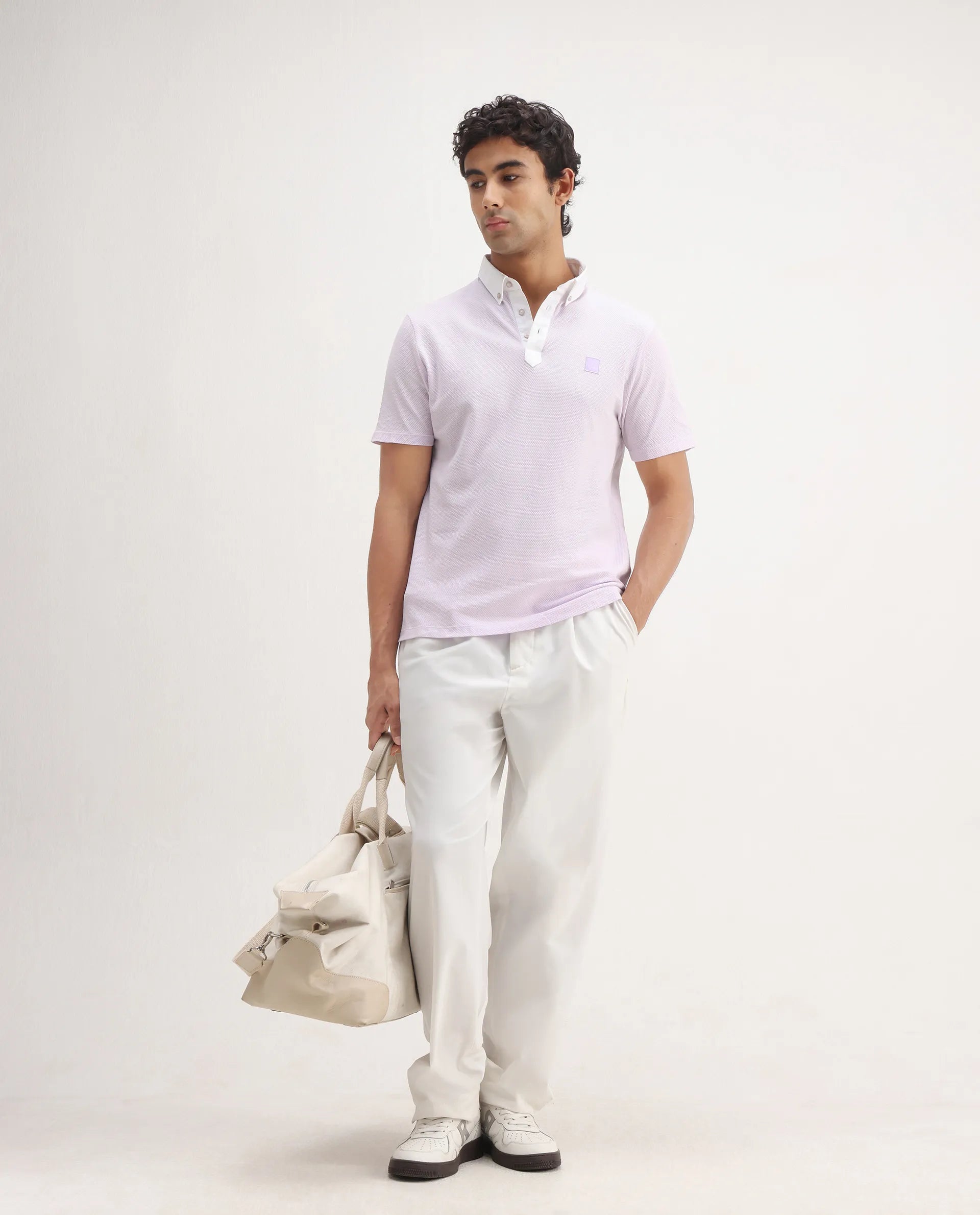 Rare Rabbit Men's Parmat Light Purple Cotton Plain Regular Fit Half Sleeve Polo