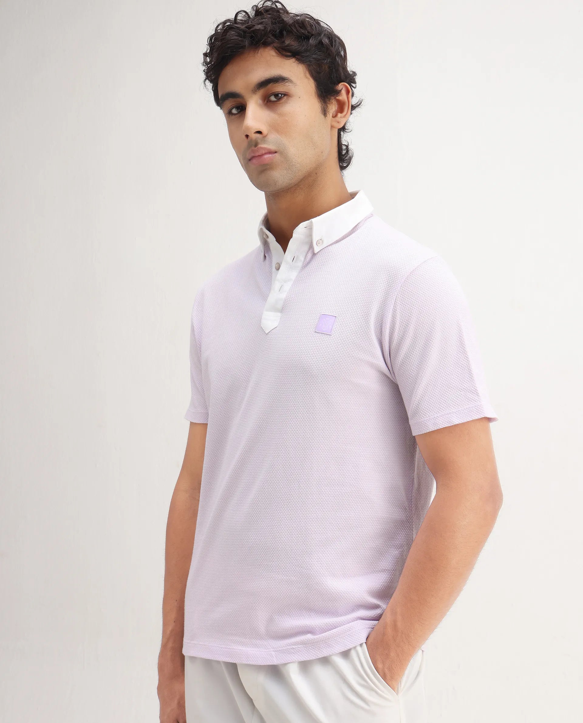 Rare Rabbit Men's Parmat Light Purple Cotton Plain Regular Fit Half Sleeve Polo