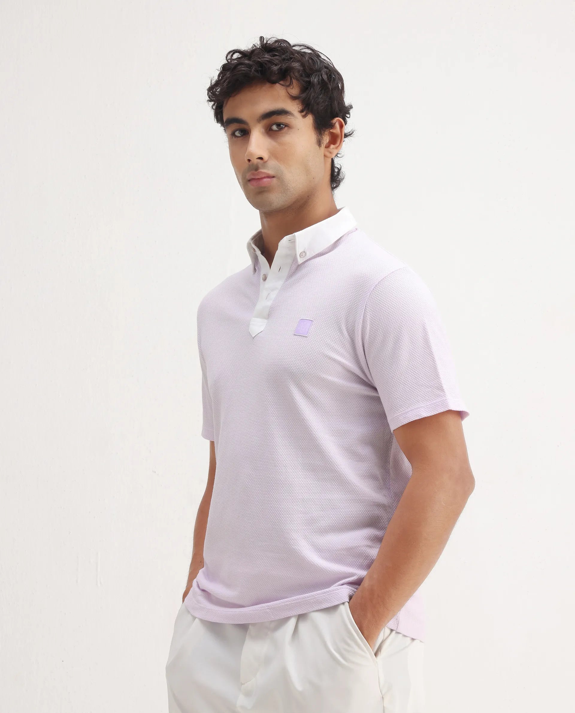 Rare Rabbit Men's Parmat Light Purple Cotton Plain Regular Fit Half Sleeve Polo