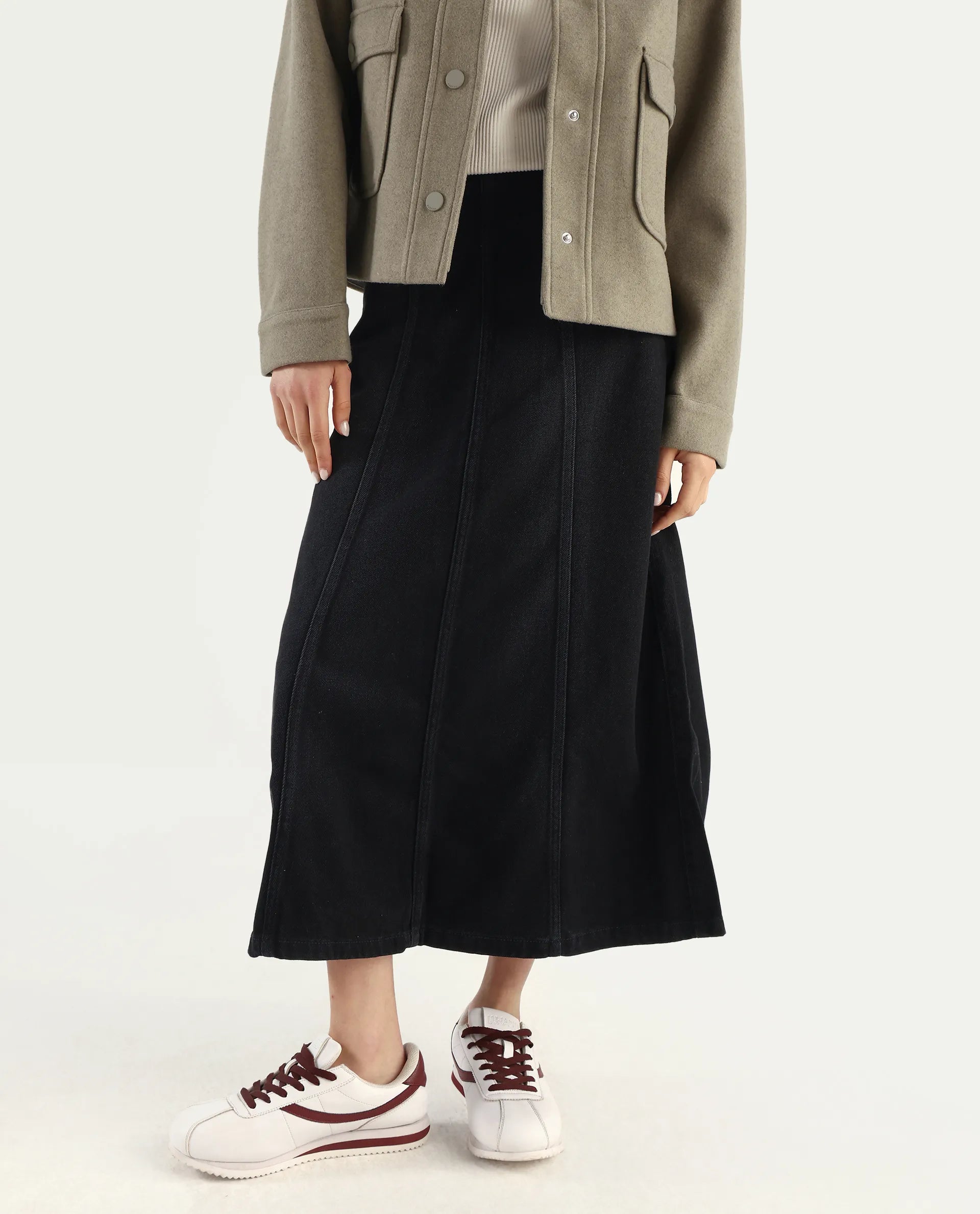 Rareism Women's Parrow Black Cotton Plain Midi Flared Skirt