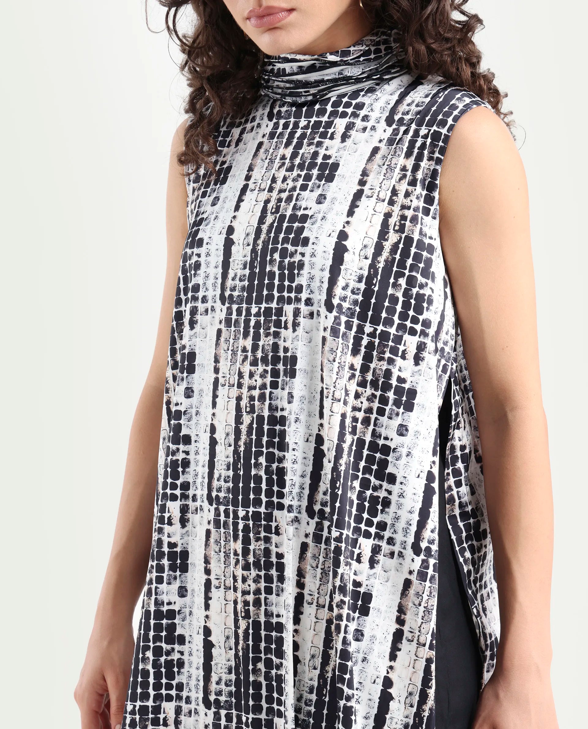 Rareism Women's Pash Black Modal Blend High Neck Abstract Print Sleeveless Maxi Regular Fit Dress