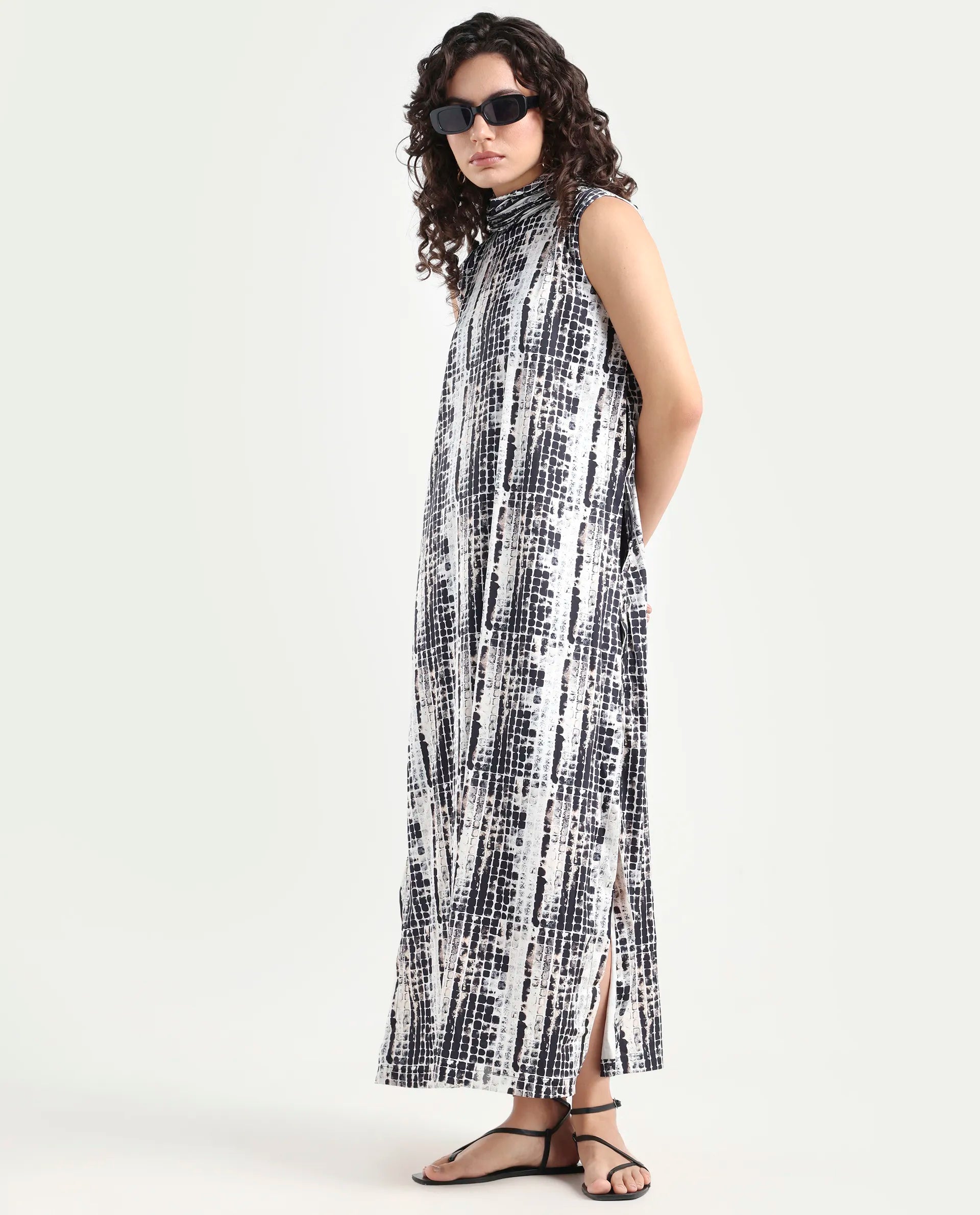 Rareism Women's Pash Black Modal Blend High Neck Abstract Print Sleeveless Maxi Regular Fit Dress