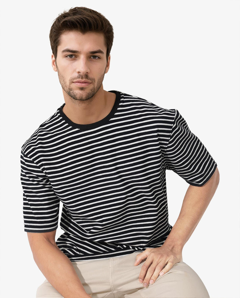 Rare Rabbit Mens Paskot Navy Short Sleeve Stripe Print Oversized T-Shirt