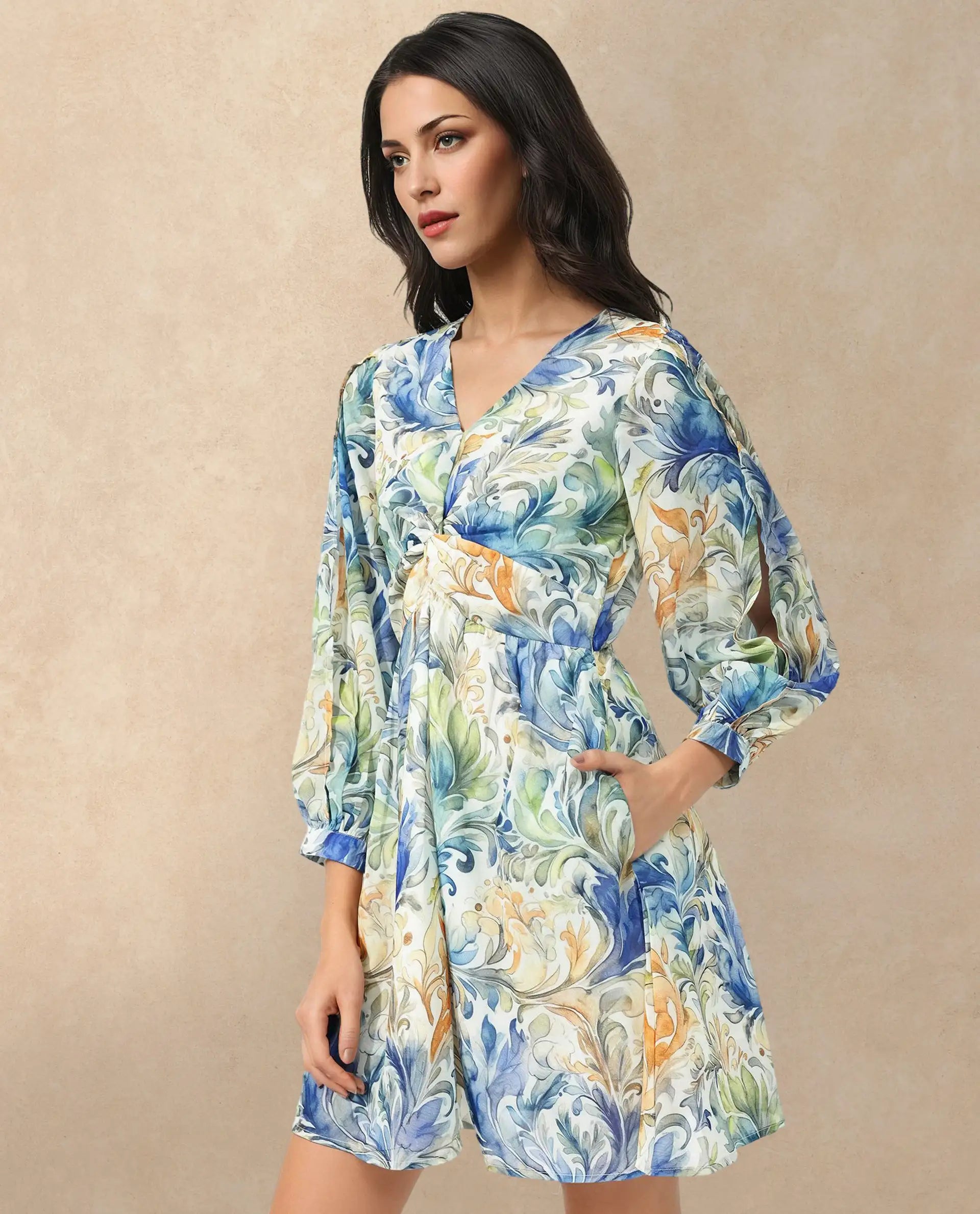 Rareism Women Paistley Multi Polyester Fabric Regular Sleeves V-Neck Floral Print Regular Length Dress
