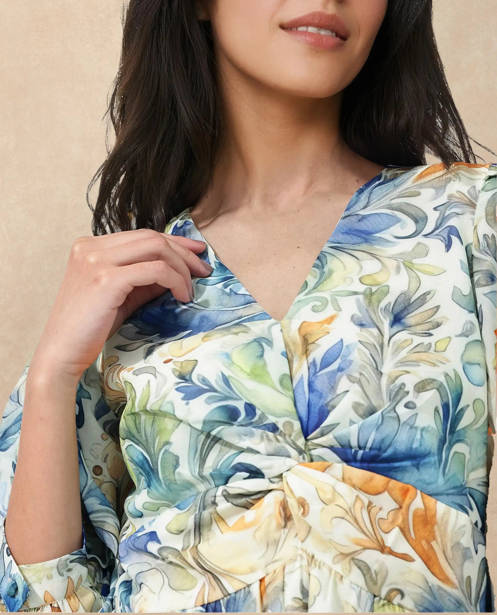 Rareism Women Paistley Multi Polyester Fabric Regular Sleeves V-Neck Floral Print Regular Length Dress