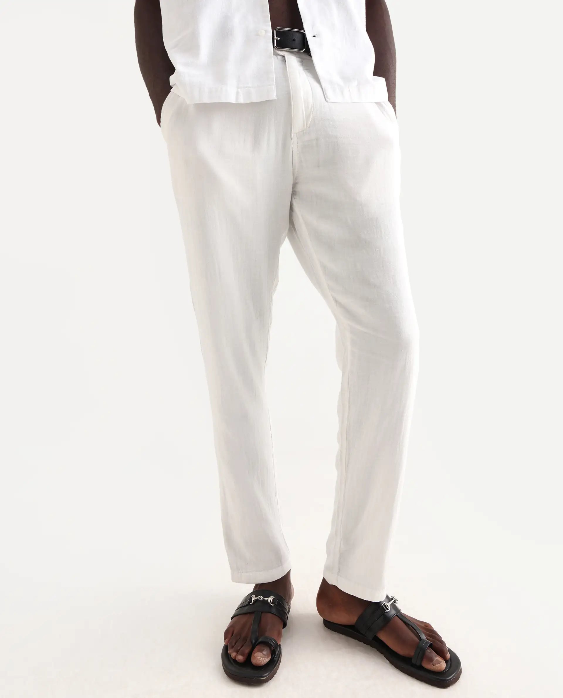 Rare Rabbit Men's Pastor 25 White Cotton Plain Regular Fit Trouser