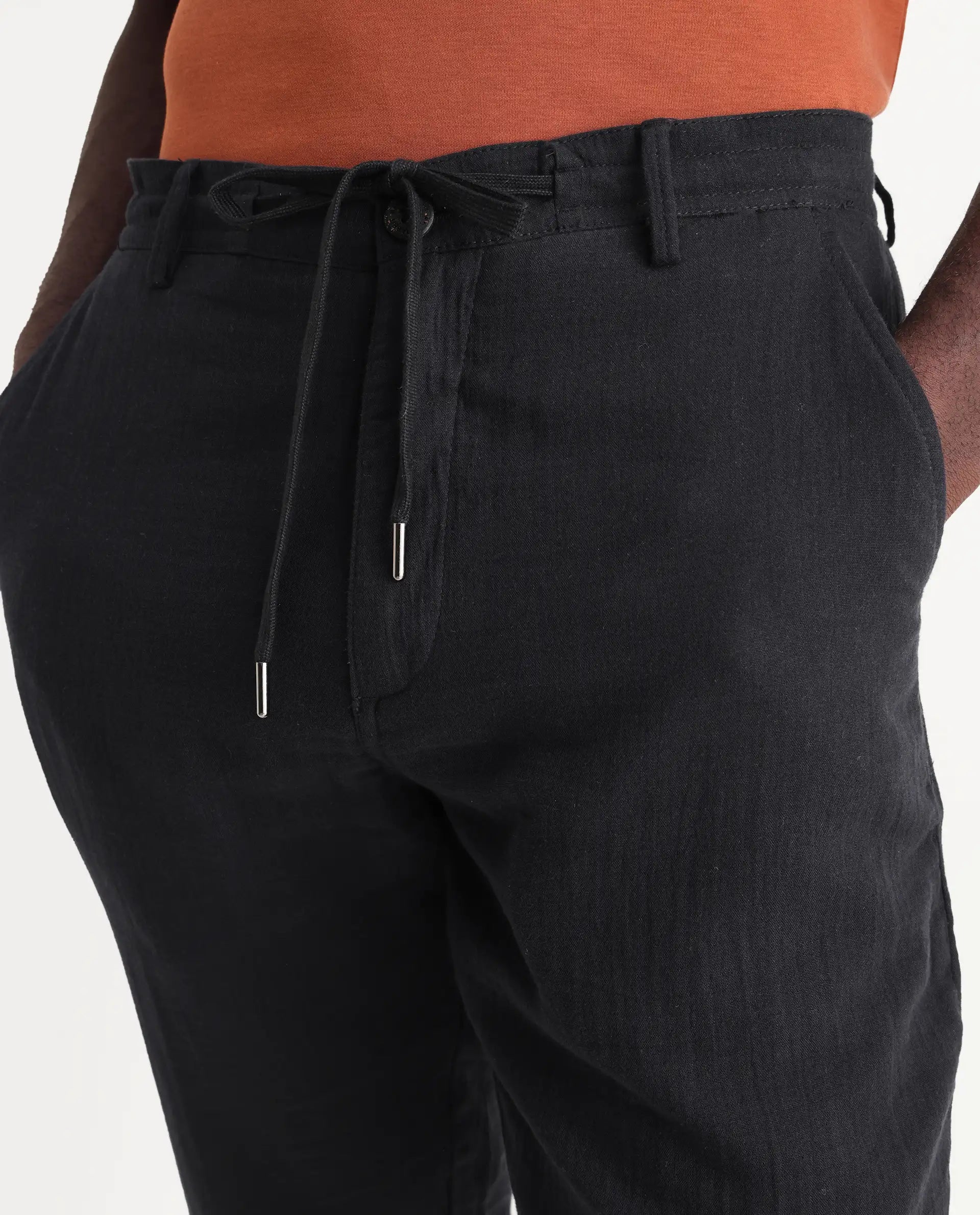 Rare Rabbit Men's Pastor-3 Black Cotton Plain Regular Fit Trouser