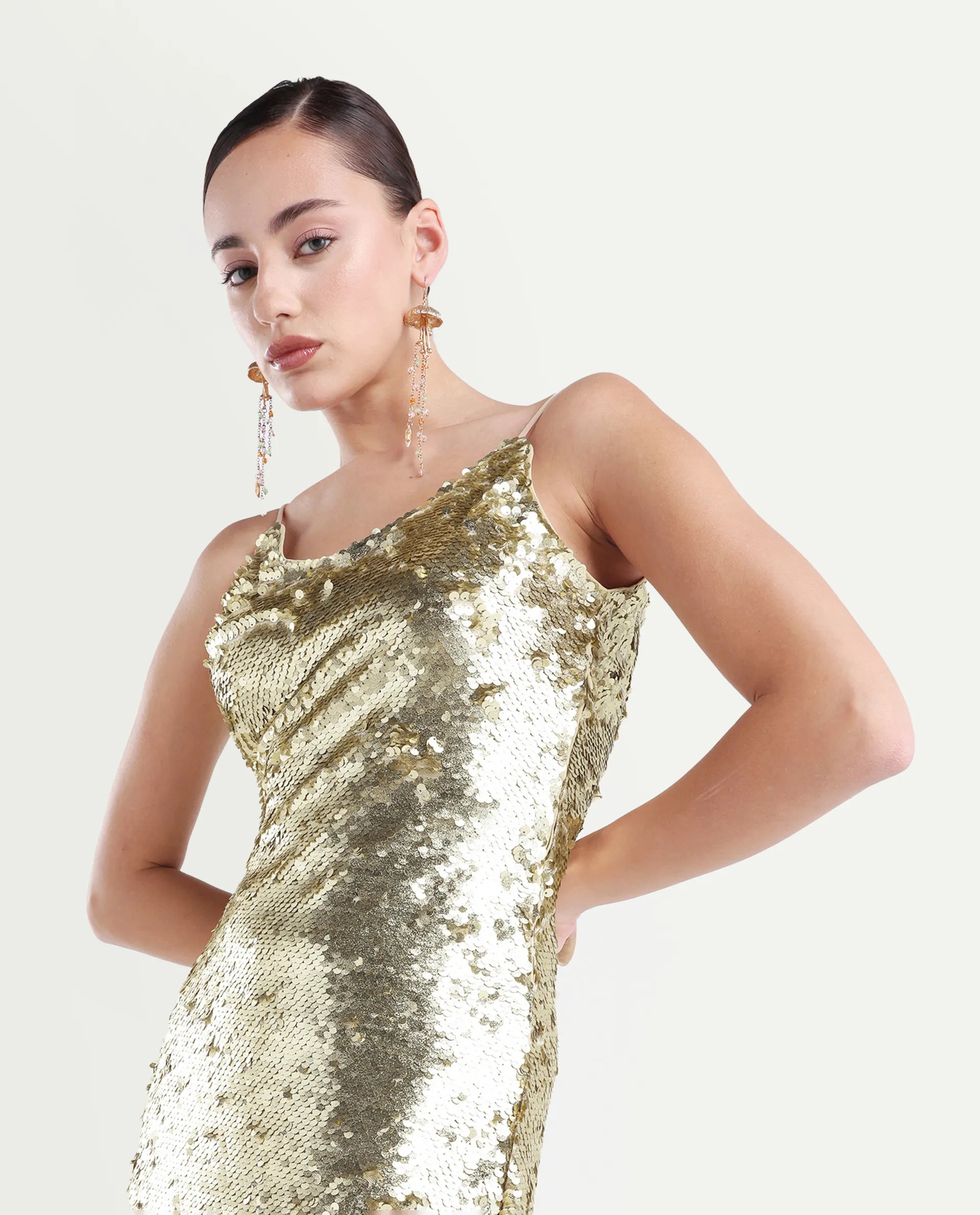 Buy Pau - Sheen Gold Sequined Knee Length Dress| Rareism Buy Pau - Sheen Gold Sequined Knee Length Dress| Rareism