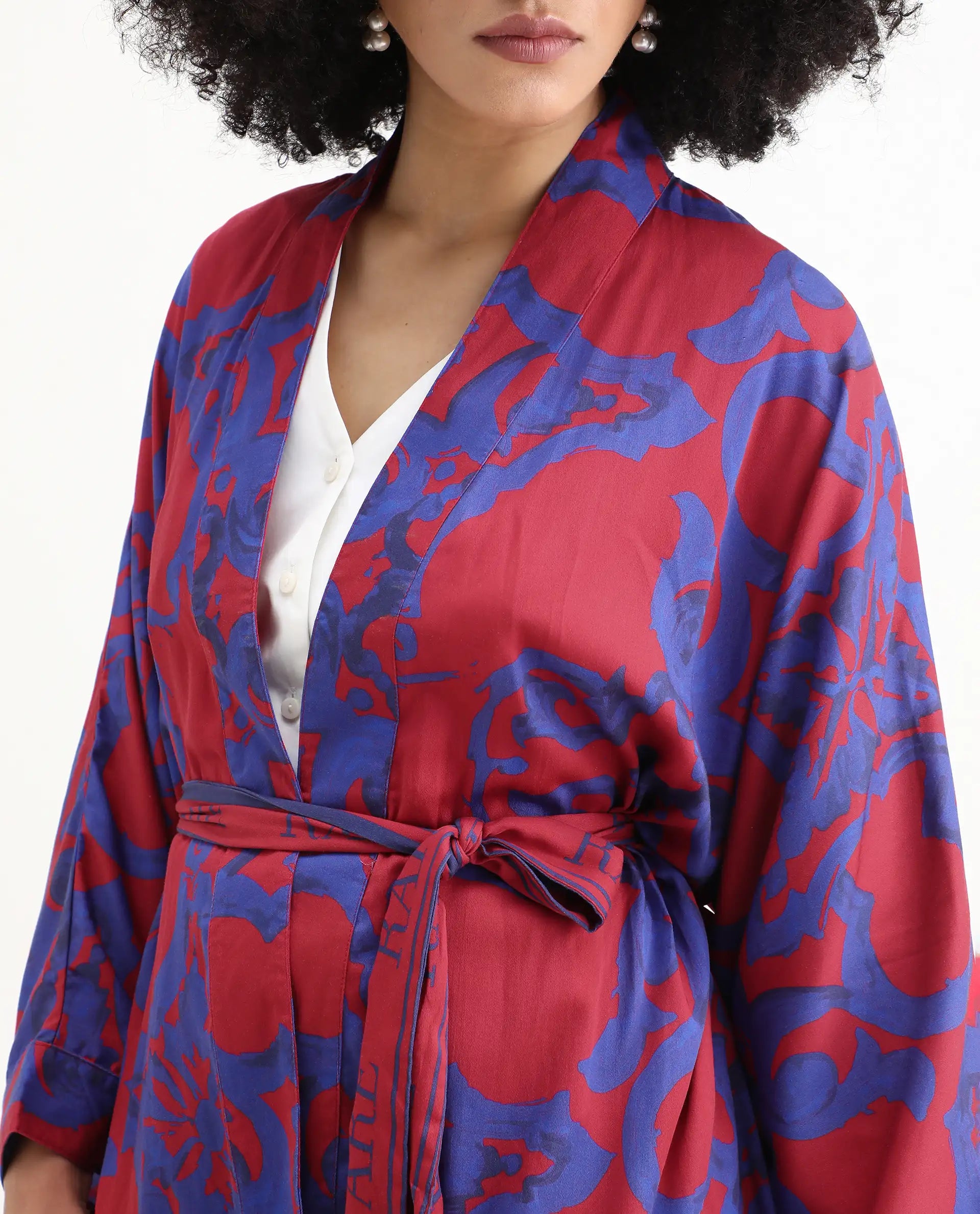 Rareism Women's Pavell Red Cotton Drop Collar Abstract Print Kimono Sleeve Regular Fit Top