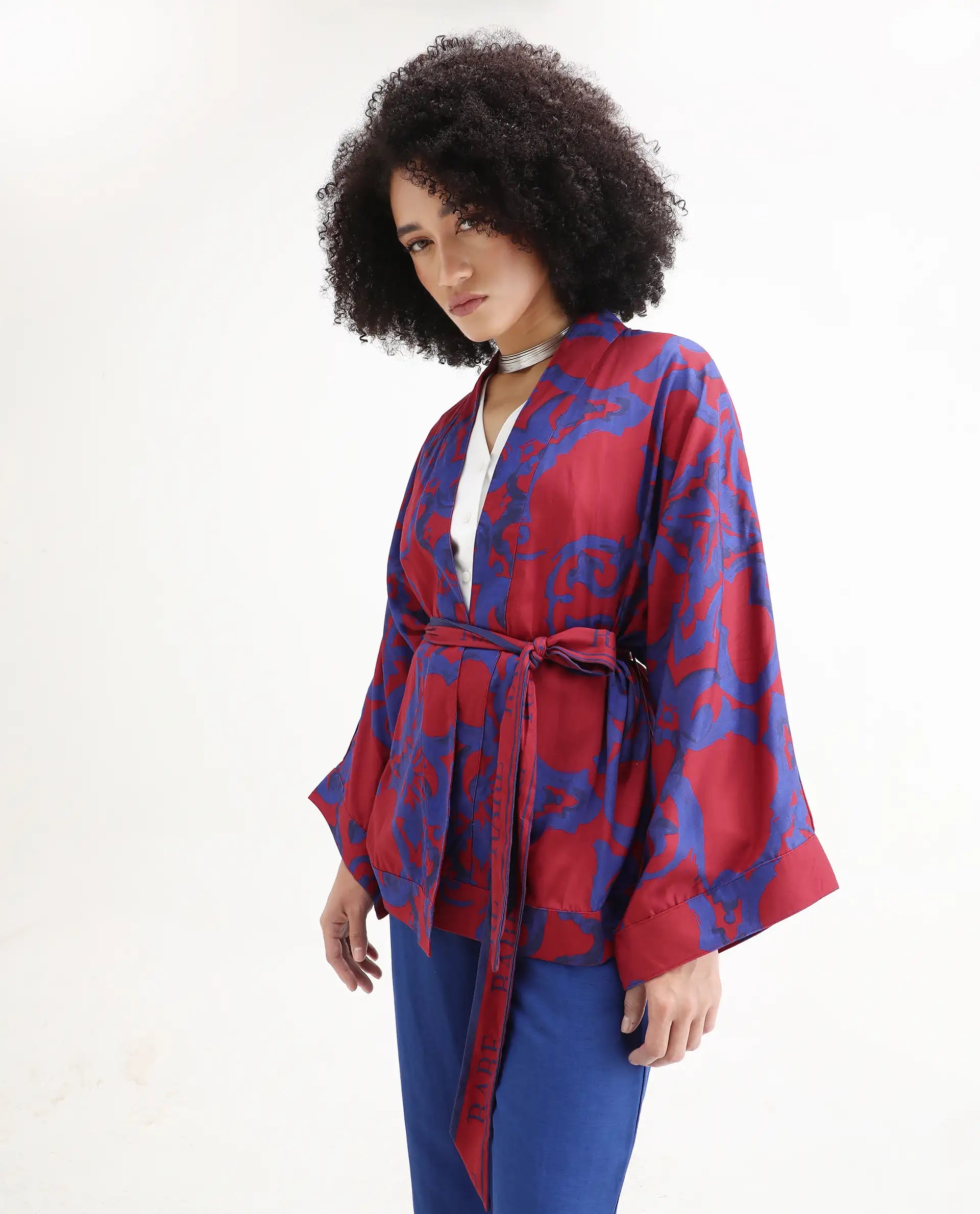 Rareism Women's Pavell Red Cotton Drop Collar Abstract Print Kimono Sleeve Regular Fit Top
