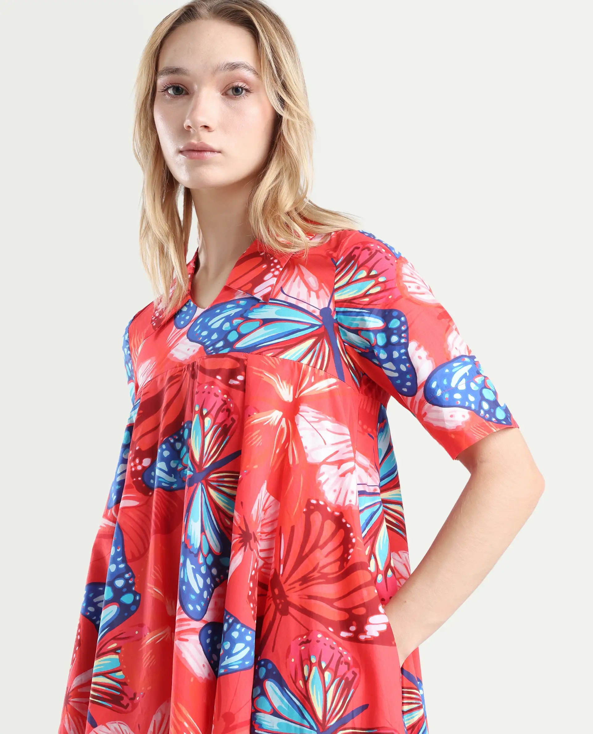 Rareism Women's Payne Multi Cotton Crew Neck Graphic Print Knee Length Fit And Flare Dress