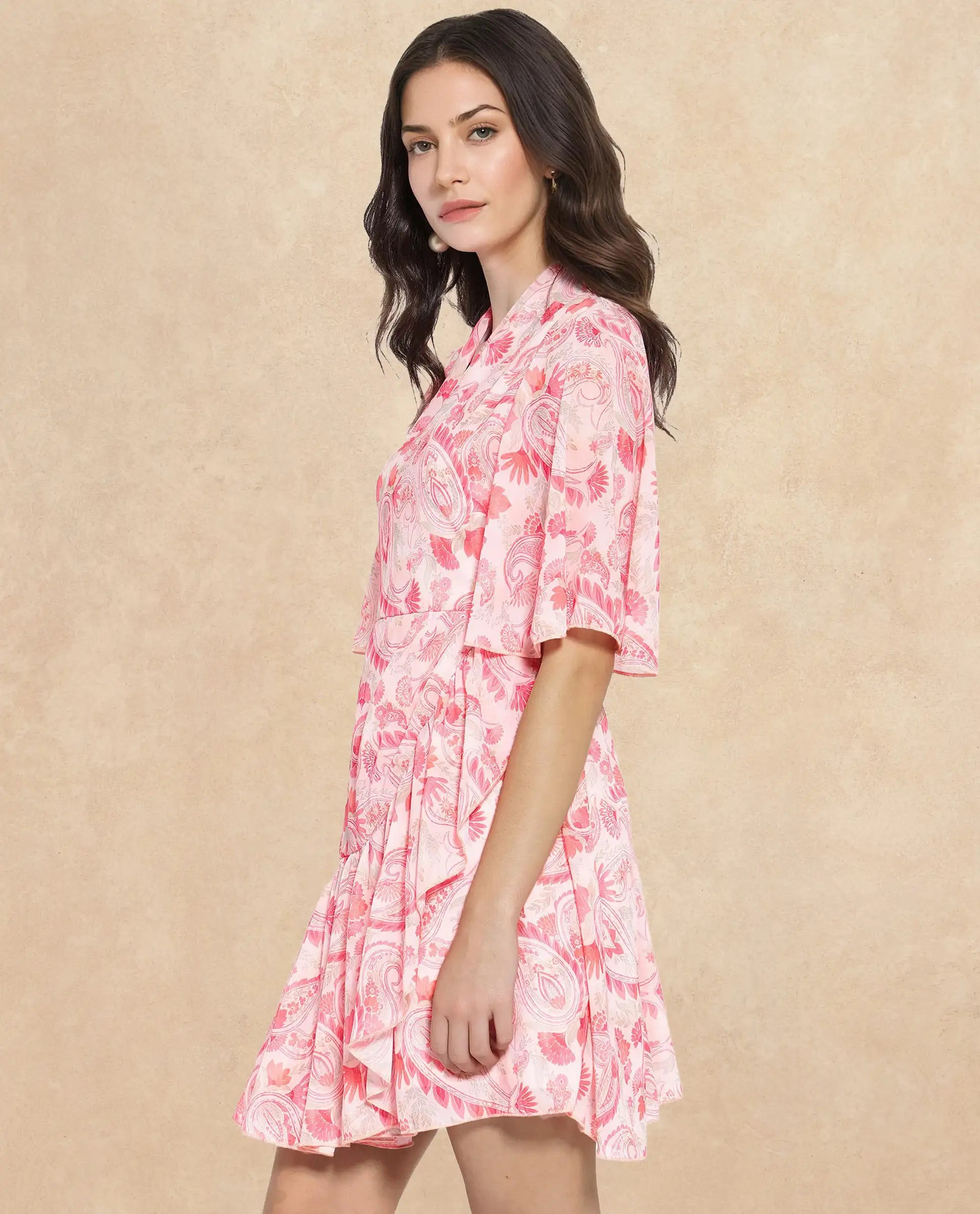 Rareism Women Pazia Light Multi Zipper Closure Bell Sleeves V-Neck Fit And Flare Paisley Print Mini Dress