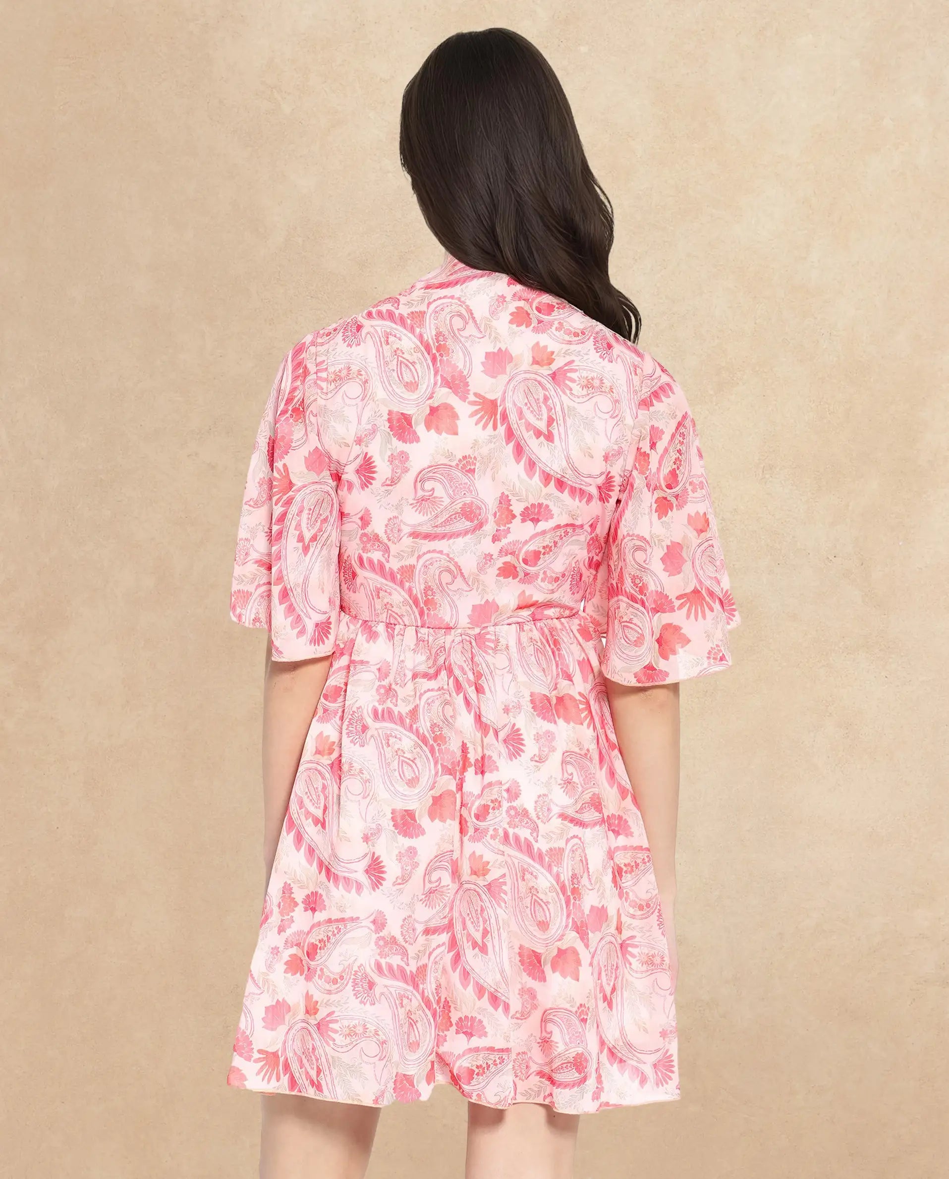 Rareism Women Pazia Light Multi Zipper Closure Bell Sleeves V-Neck Fit And Flare Paisley Print Mini Dress