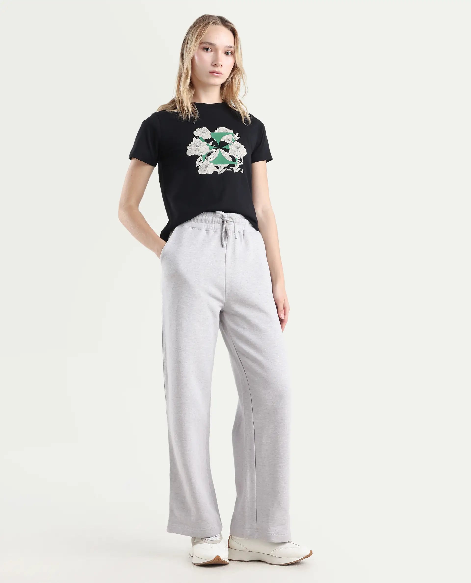 Rareism Women's Pazoo F Melange Grey Cotton Blend Plain Ankle Length Flared Track Pant