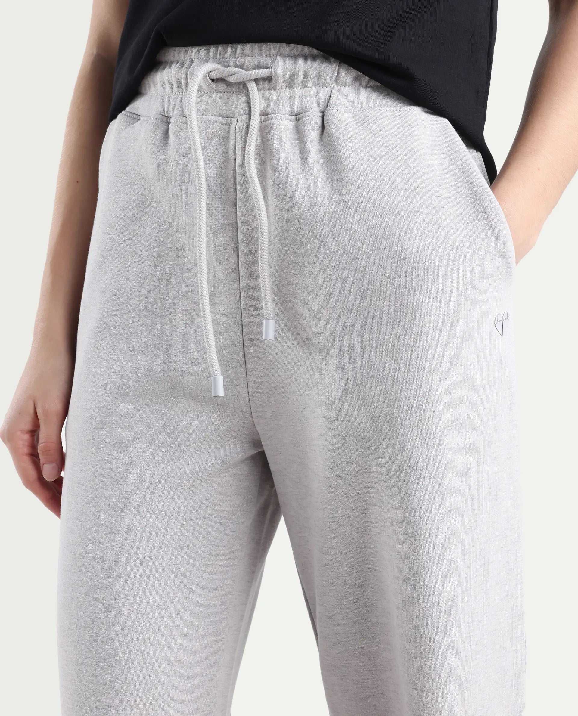 Rareism Women's Pazoo F Melange Grey Cotton Blend Plain Ankle Length Flared Track Pant