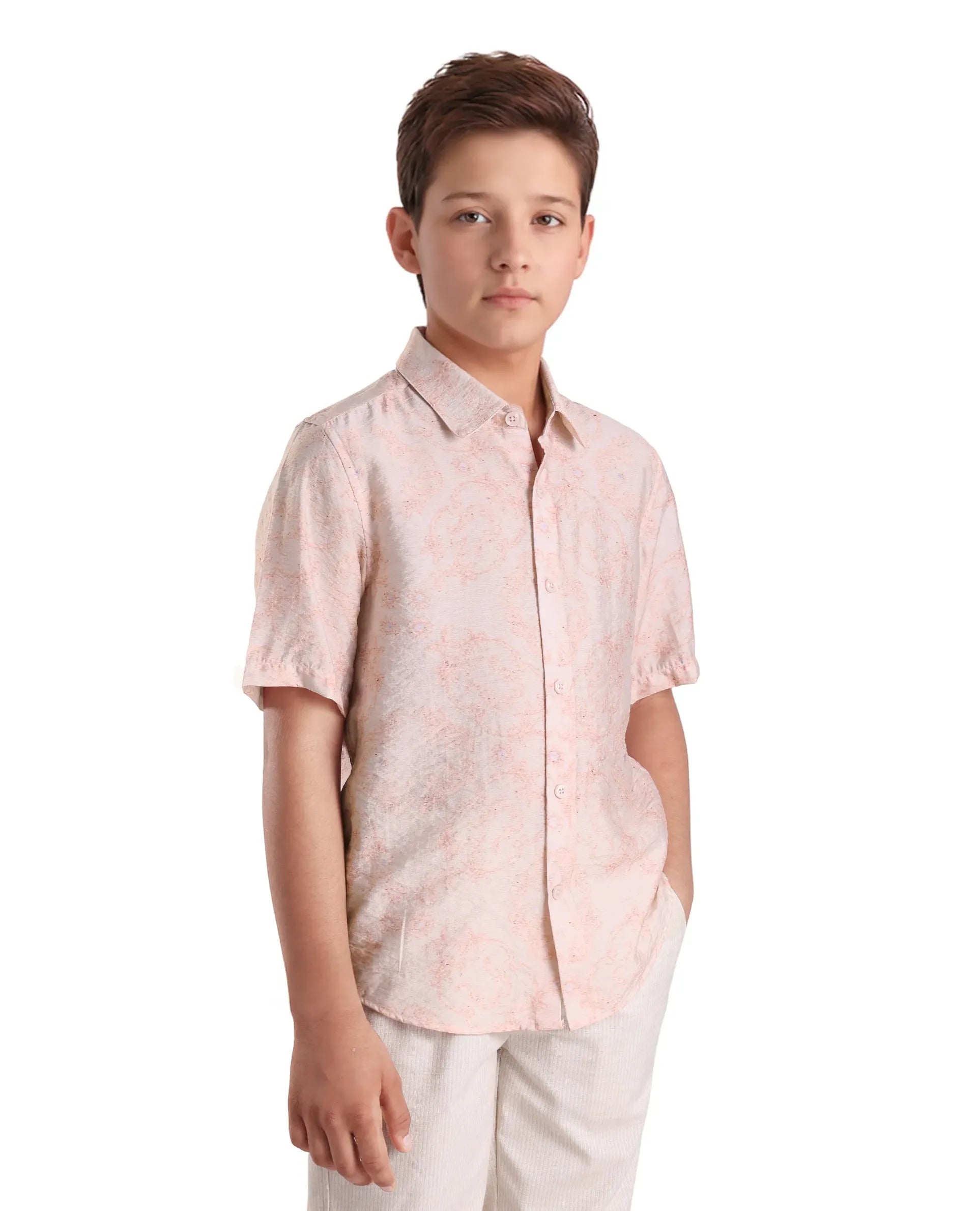 Rare Ones Kids Pel Dusky Pink Viscose Blend Printed Button Closure Regular Fit Shirt