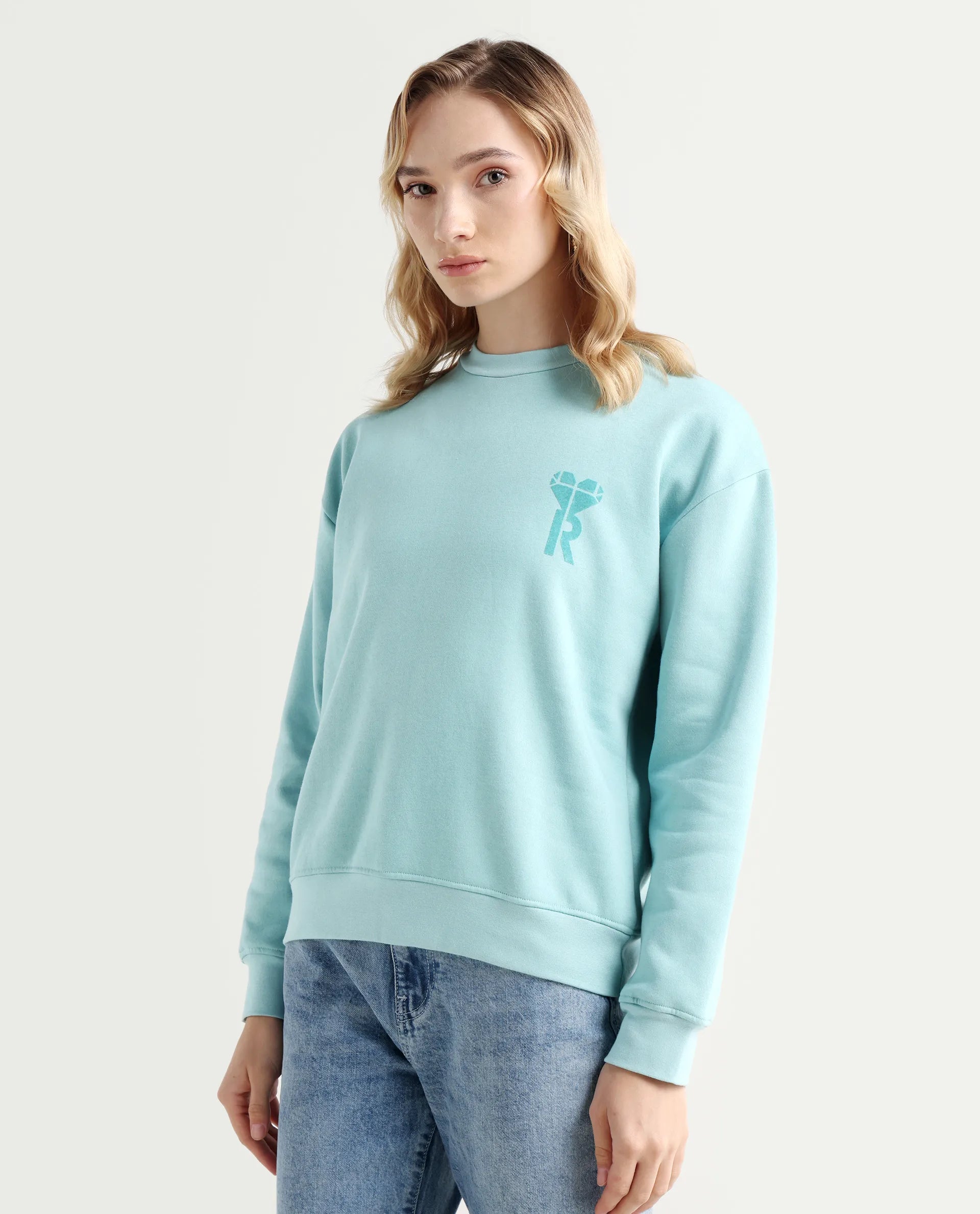 Rareism Women's Pelso Turq Polyester Blend Ribbed Collar Plain Cuffed Sleeve Relaxed Fit Sweatshirt