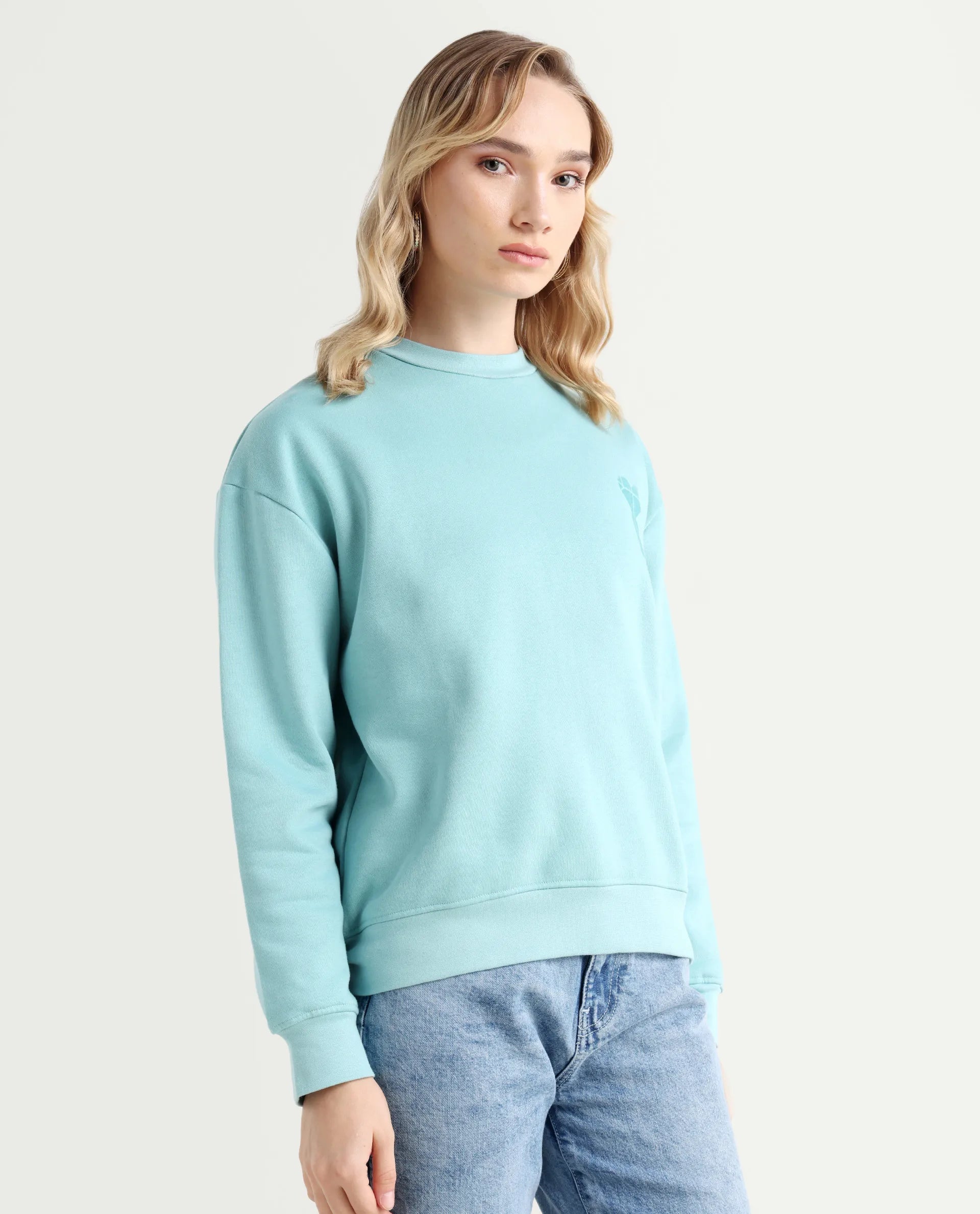 Rareism Women's Pelso Turq Polyester Blend Ribbed Collar Plain Cuffed Sleeve Relaxed Fit Sweatshirt